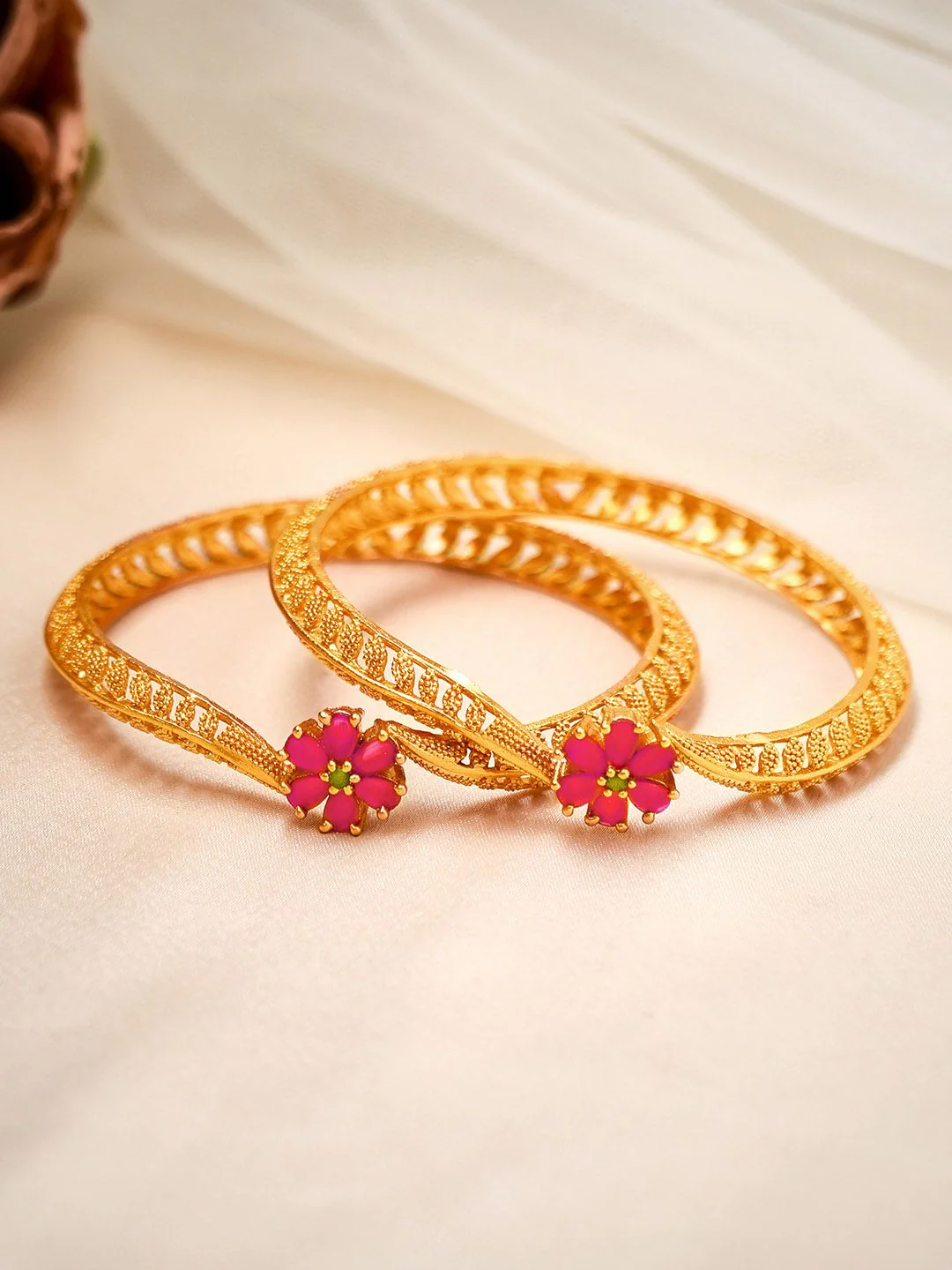 Rubans Set Of 2 24K Gold-Plated Ruby Pink Stone Floral Handcrafted Traditional Bangles
