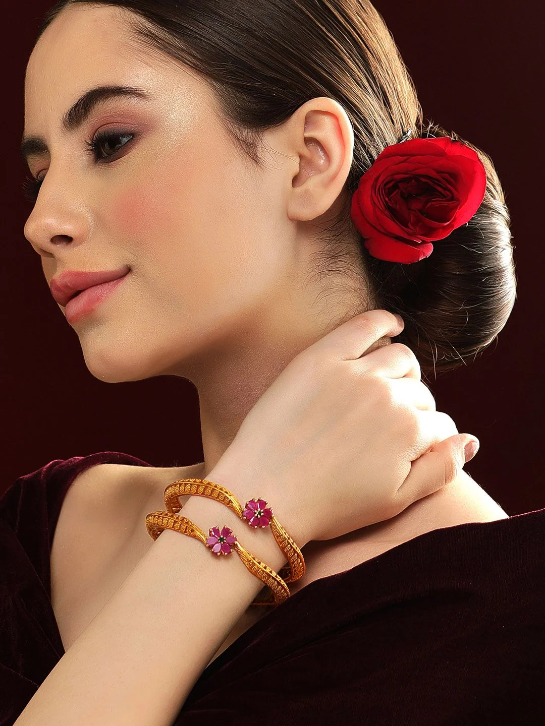 Rubans Set Of 2 Gold-Plated & Pink Stone-Studded Bangles - Image 2