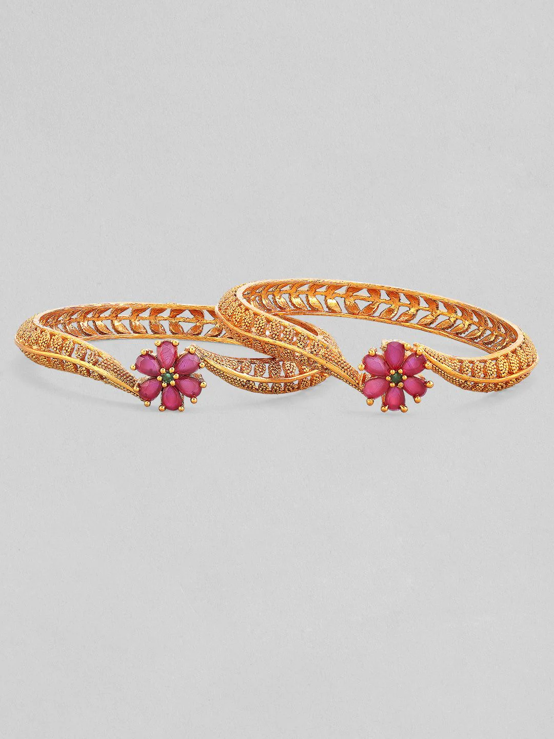 Rubans Set Of 2 Gold-Plated & Pink Stone-Studded Bangles - Image 3