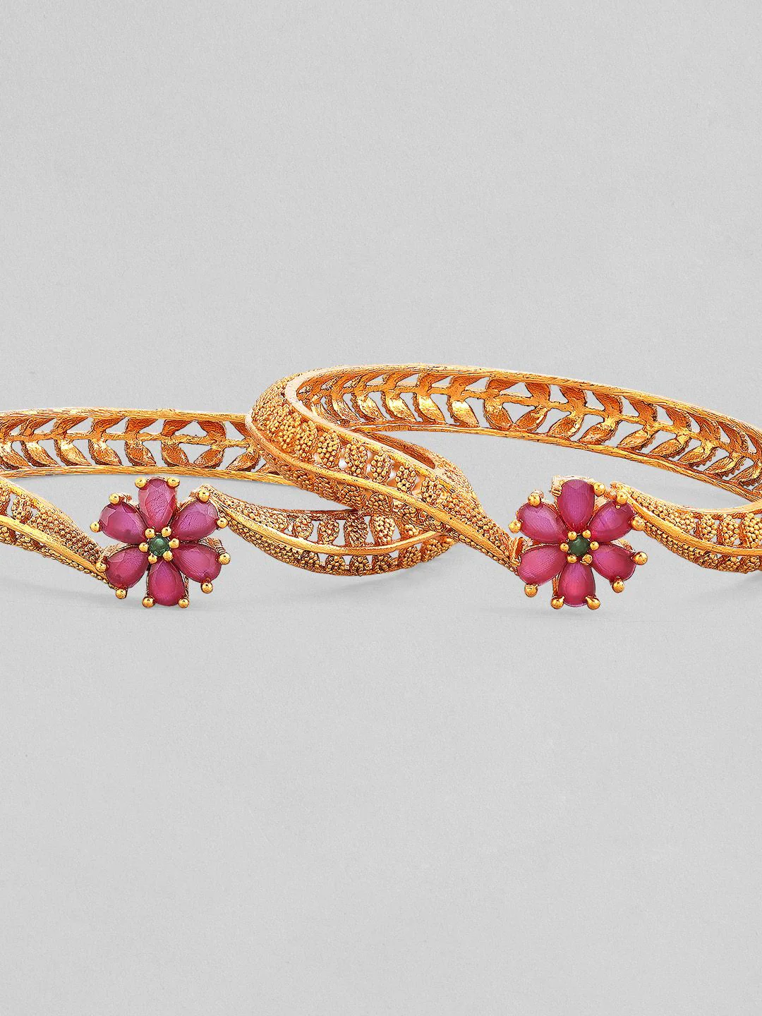 Rubans Set Of 2 Gold-Plated & Pink Stone-Studded Bangles - Image 4
