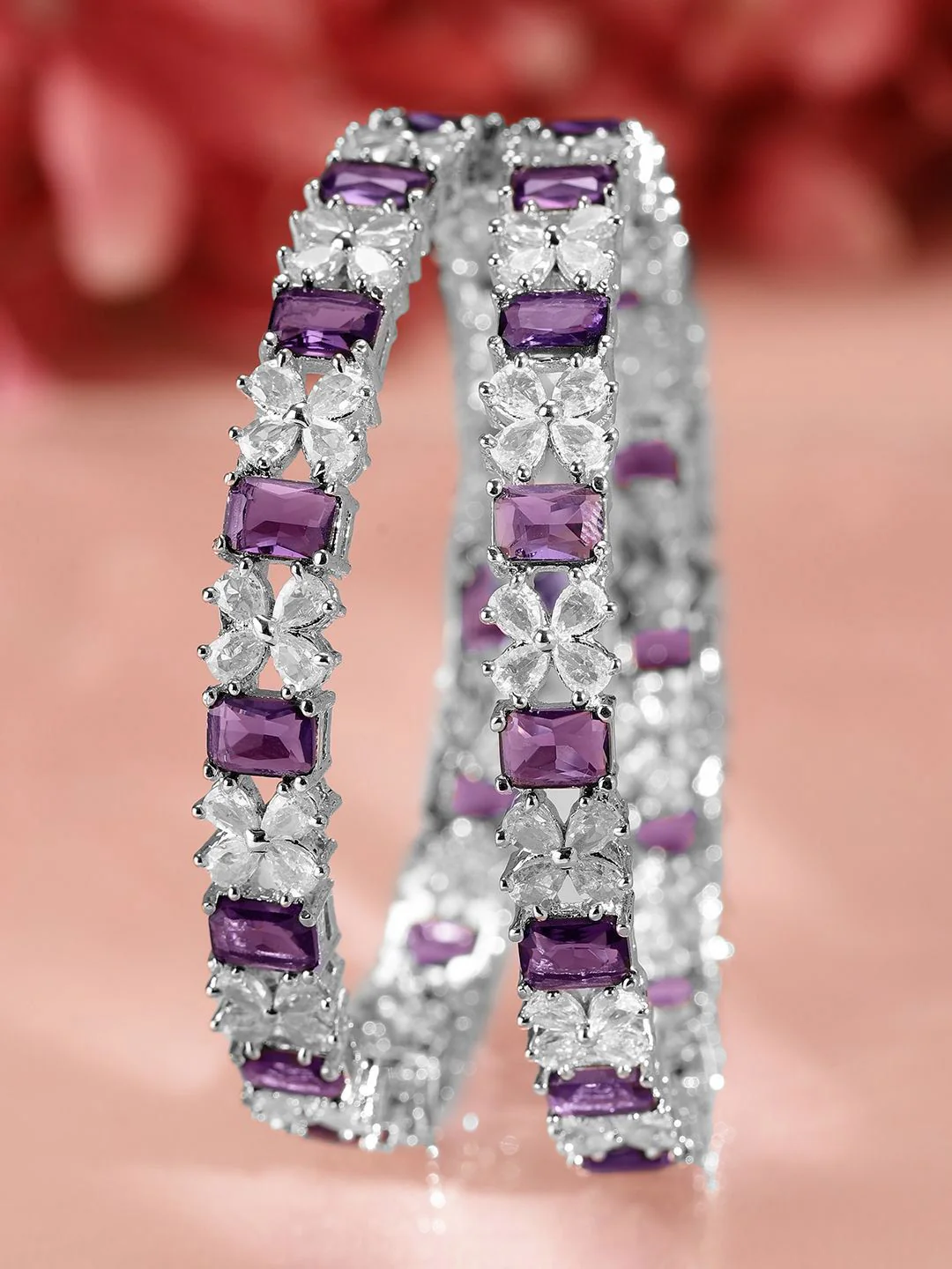 Rubans Set of 2 Rhodium-Plated Blue Sapphire & White Cubic Zirconia Studded Bangles