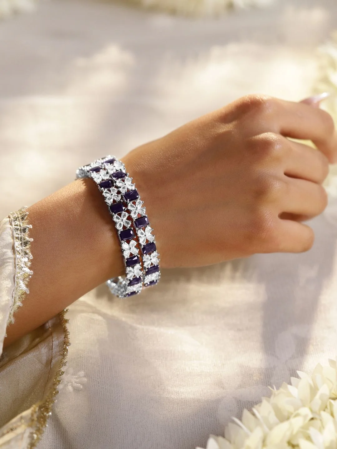Rubans Set of 2 Rhodium-Plated Blue Sapphire & White Cubic Zirconia Studded Bangles - Image 2