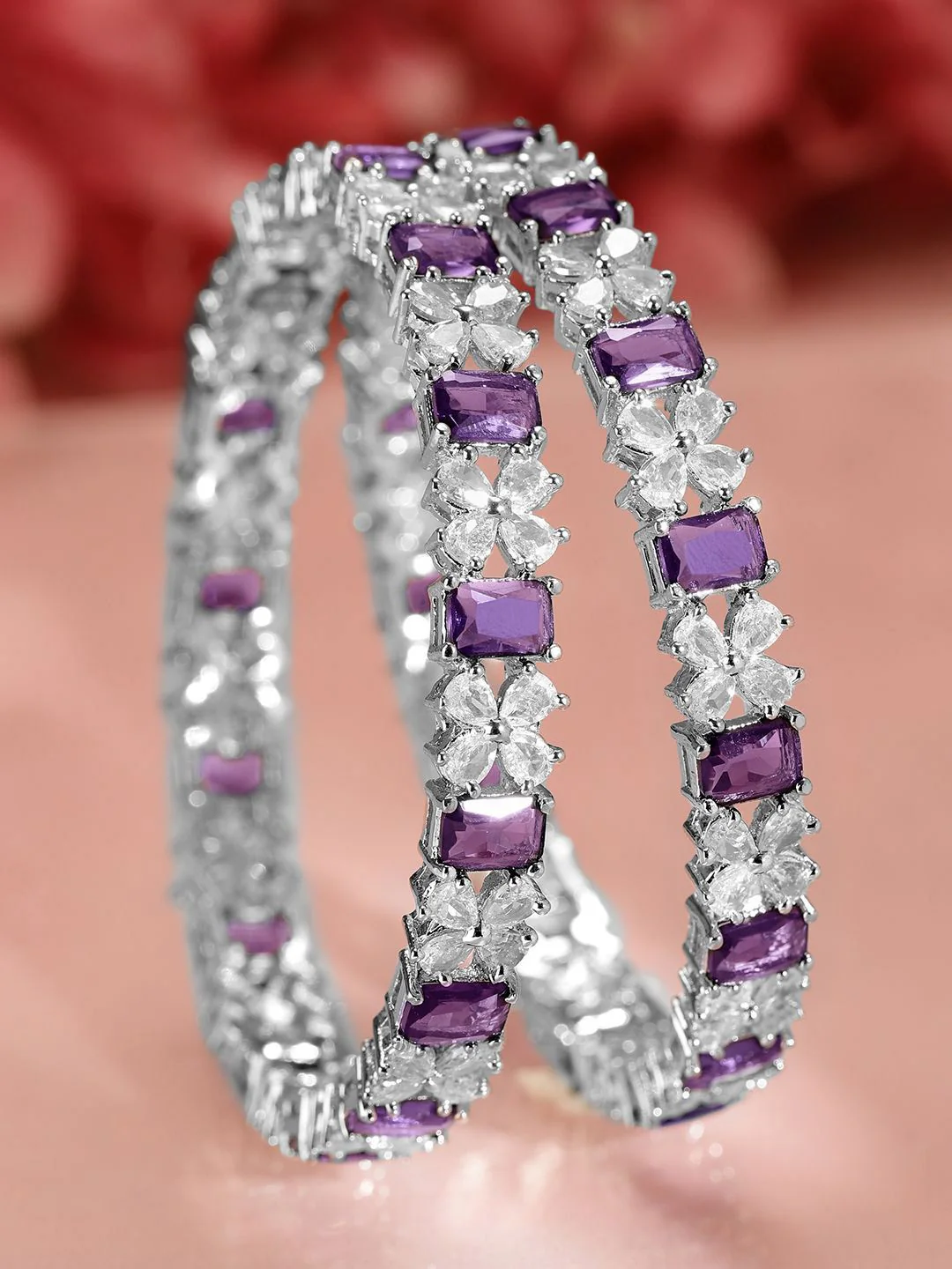 Rubans Set of 2 Rhodium-Plated Blue Sapphire & White Cubic Zirconia Studded Bangles - Image 3
