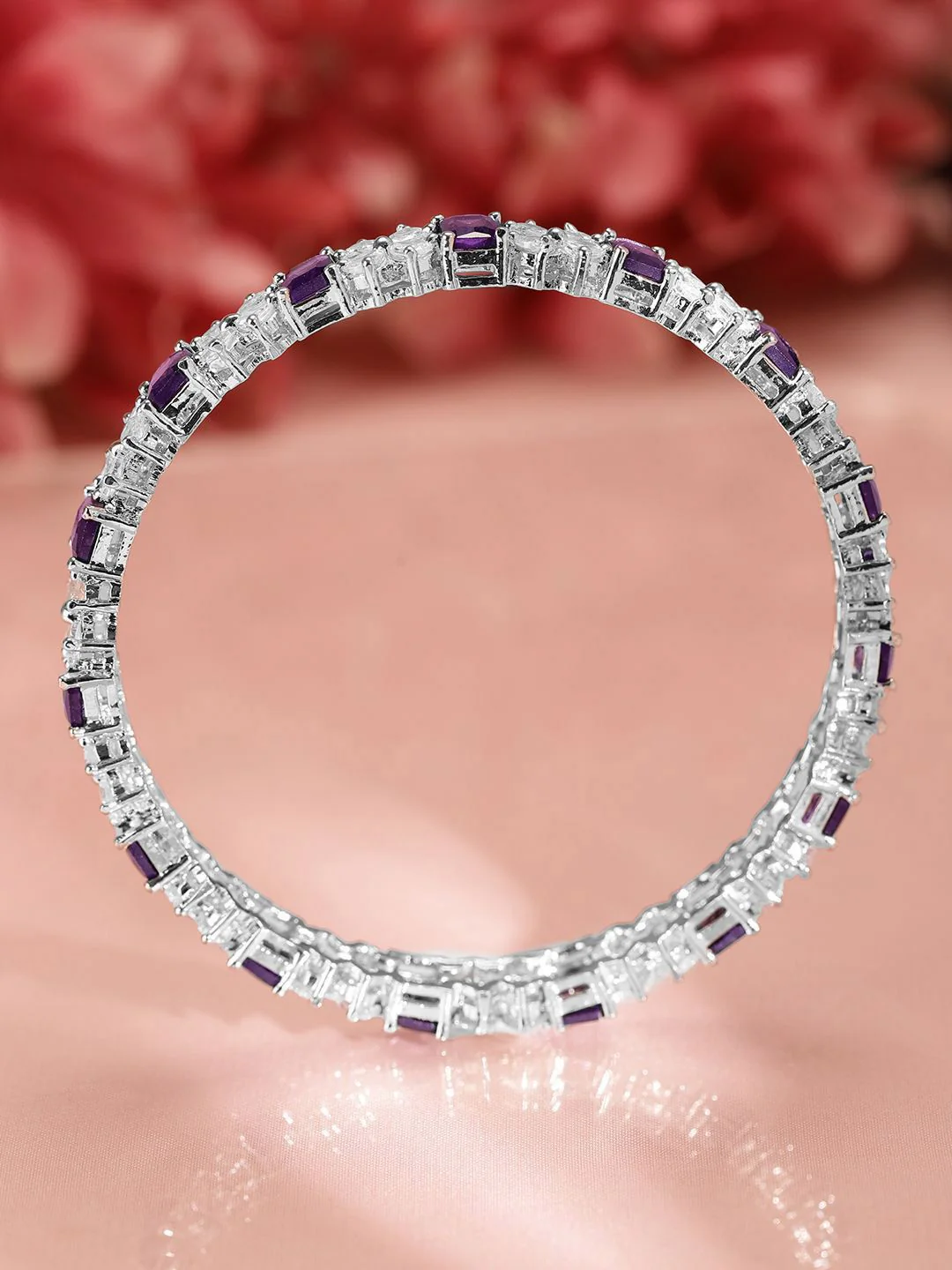 Rubans Set of 2 Rhodium-Plated Blue Sapphire & White Cubic Zirconia Studded Bangles - Image 4