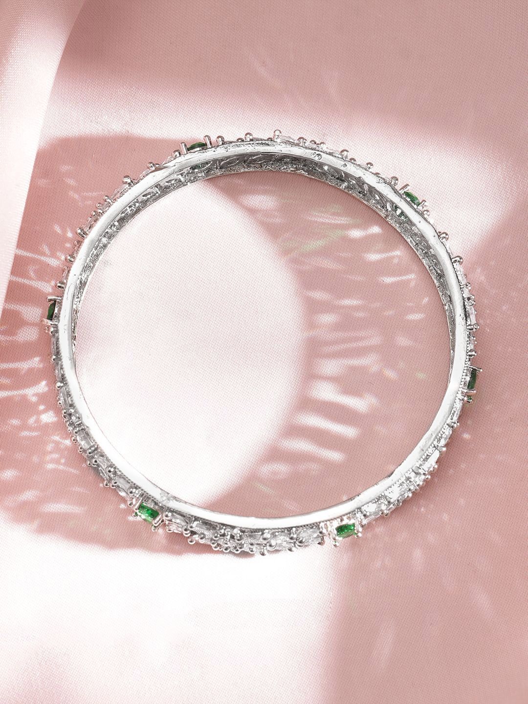 Rubans Set of 2 Rhodium-Plated Emerald Green Gemstone & Cubic Zirconia Studded Bangles - Image 4