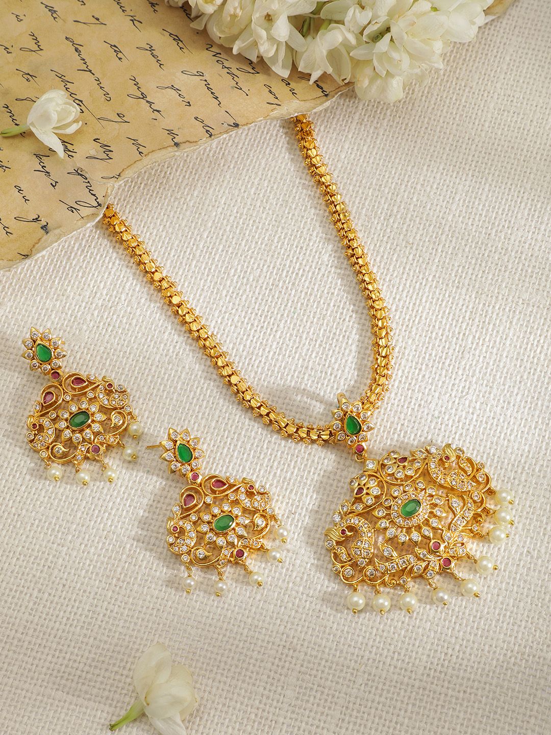 Rubans Women Gold-Plated Green CZ Stone Studded Temple Jewellery Set - Image 2