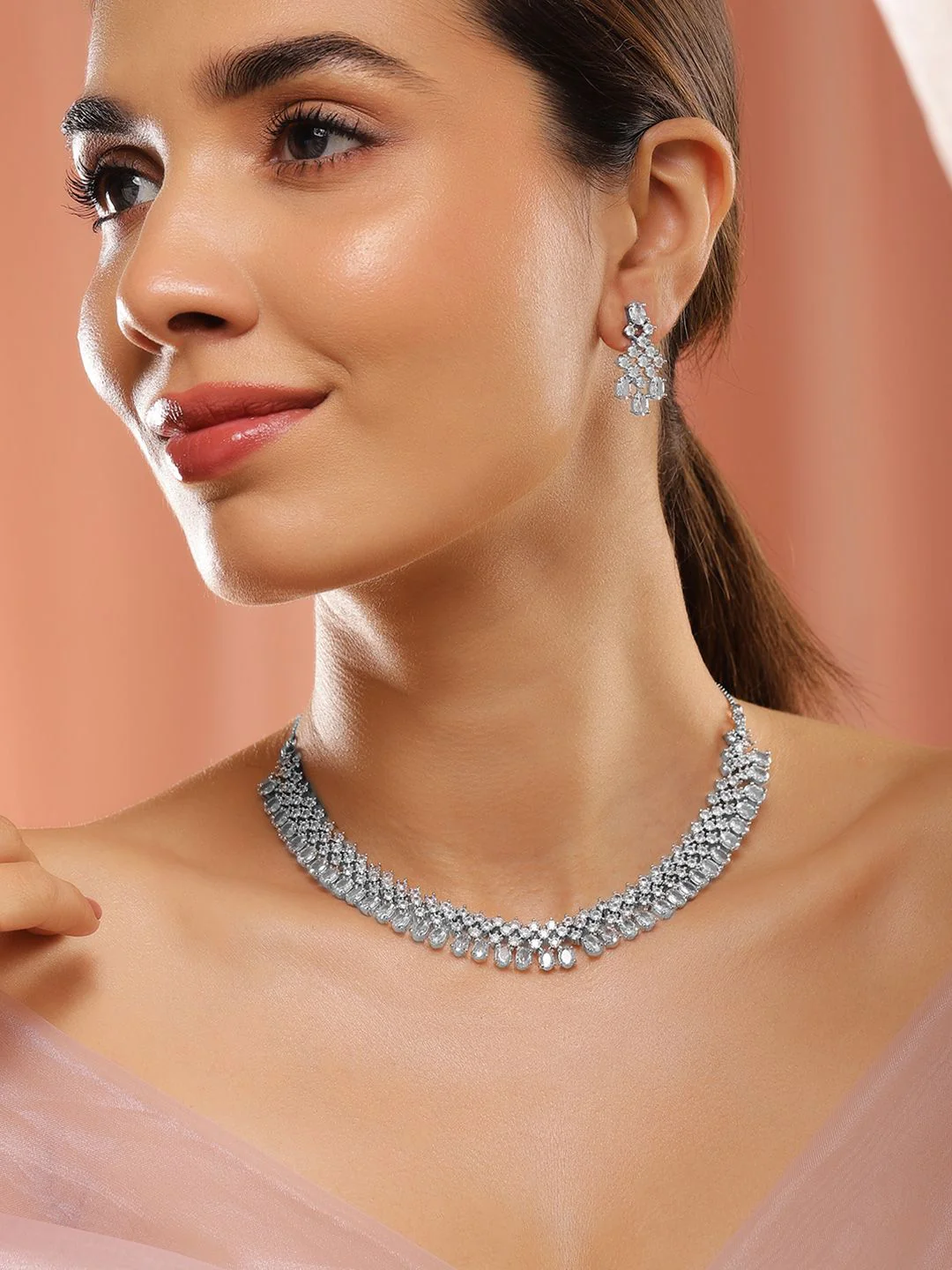 Rubans Women Rhodium Plated White Cubic Zirconia Studded Jewellery Set