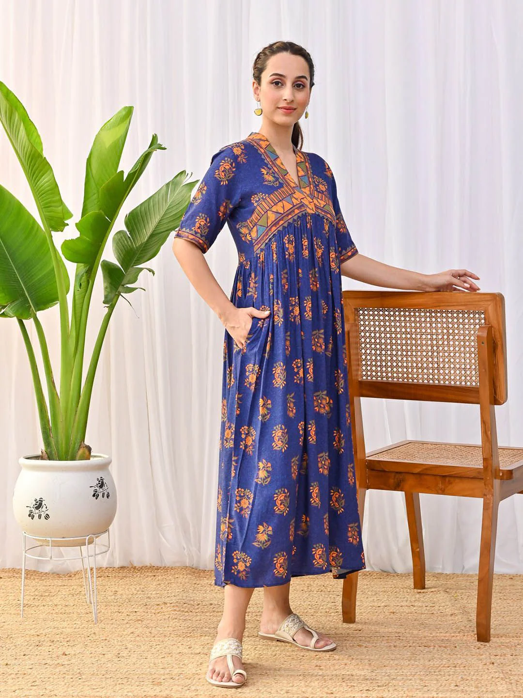 Rustorange Floral Printed V-Neck Gathered A-Line Midi Ethnic Dress - Image 3