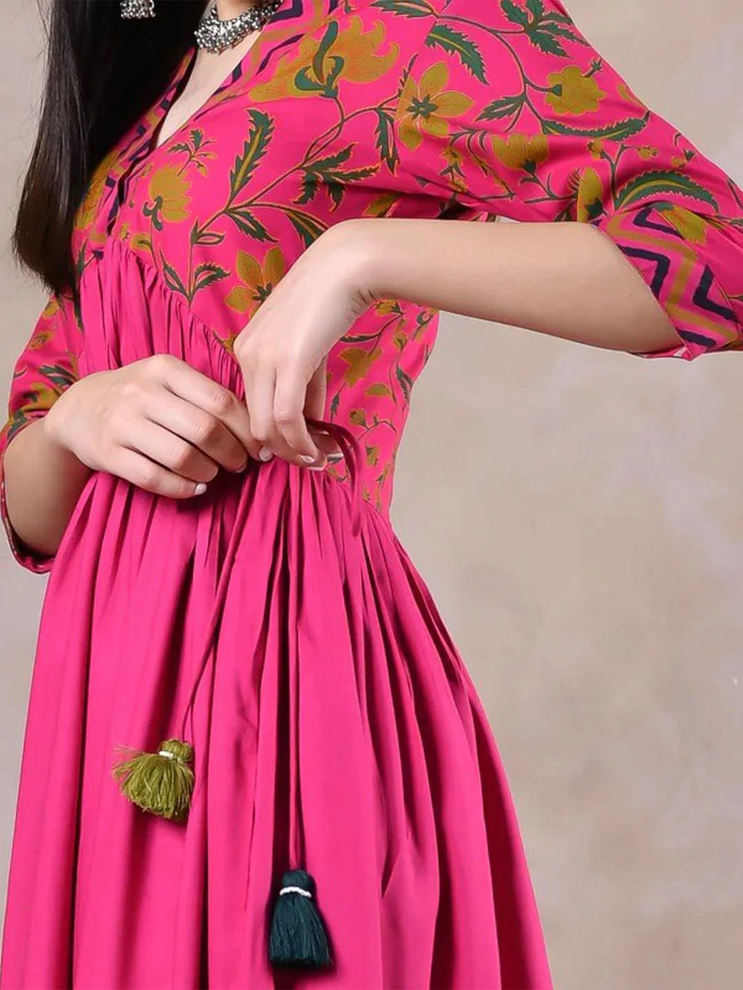 Rustorange Women Pink Floral Rayon A-Line Midi Dress - Image 2