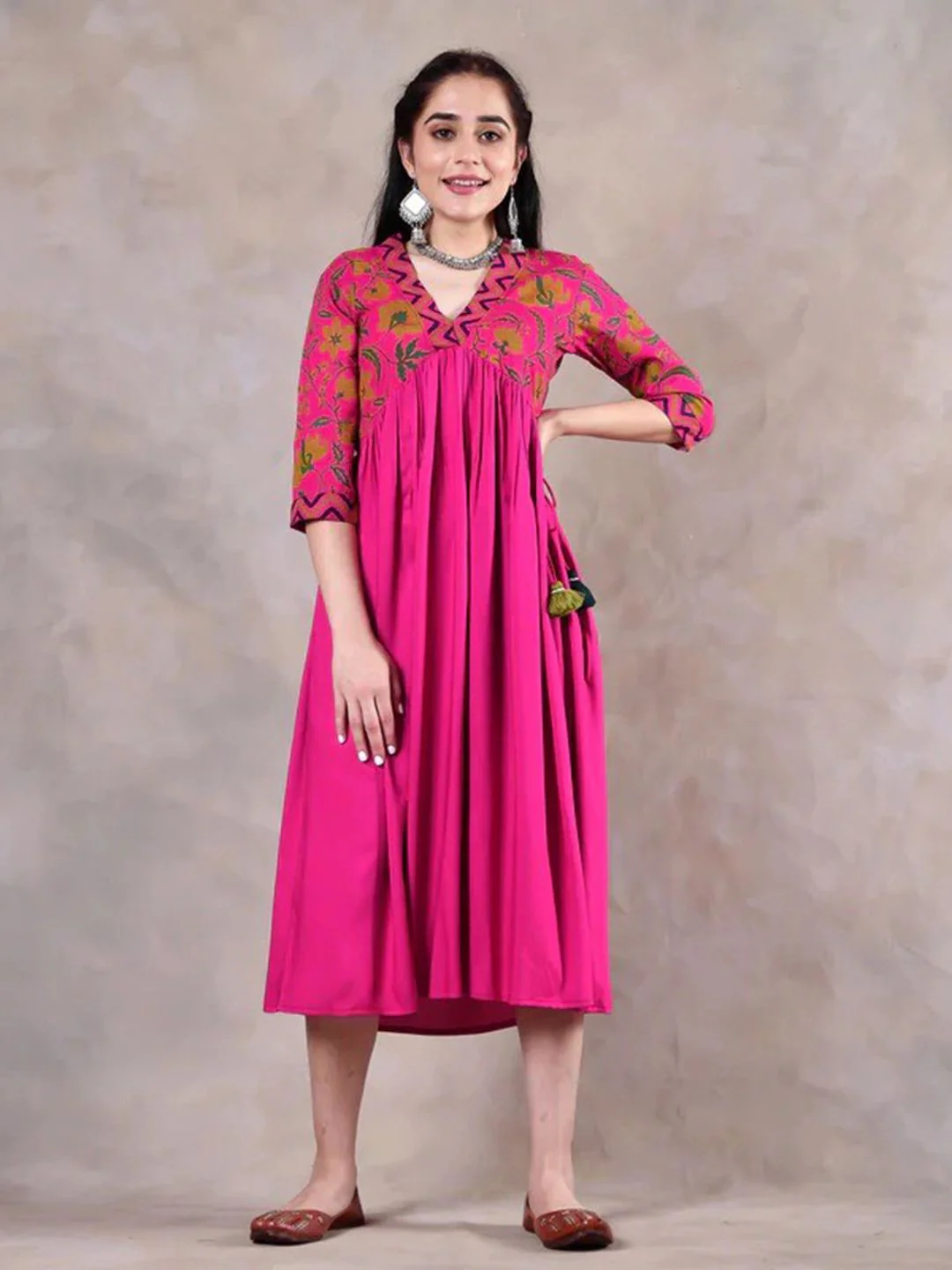 Rustorange Women Pink Floral Rayon A-Line Midi Dress - Image 6