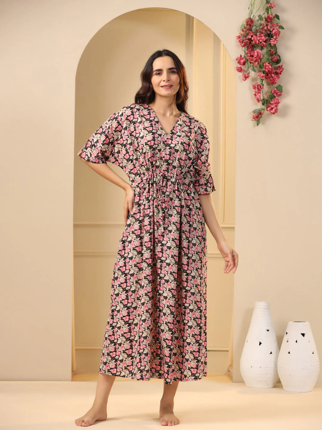SANSKRUTIHOMES Black Floral Printed Pure Cotton Maxi Nightdress