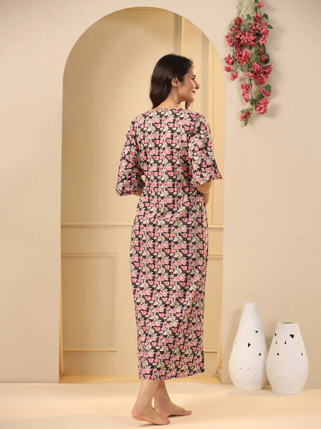SANSKRUTIHOMES Black Floral Printed Pure Cotton Maxi Nightdress - Image 5