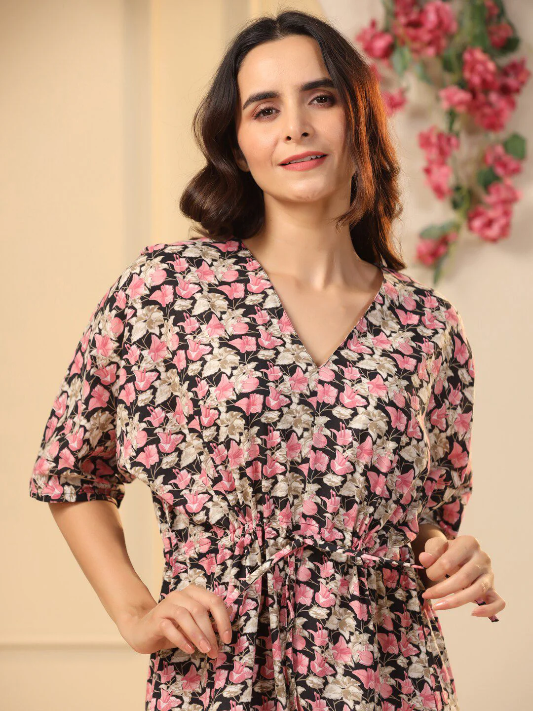 SANSKRUTIHOMES Black Floral Printed Pure Cotton Maxi Nightdress - Image 6