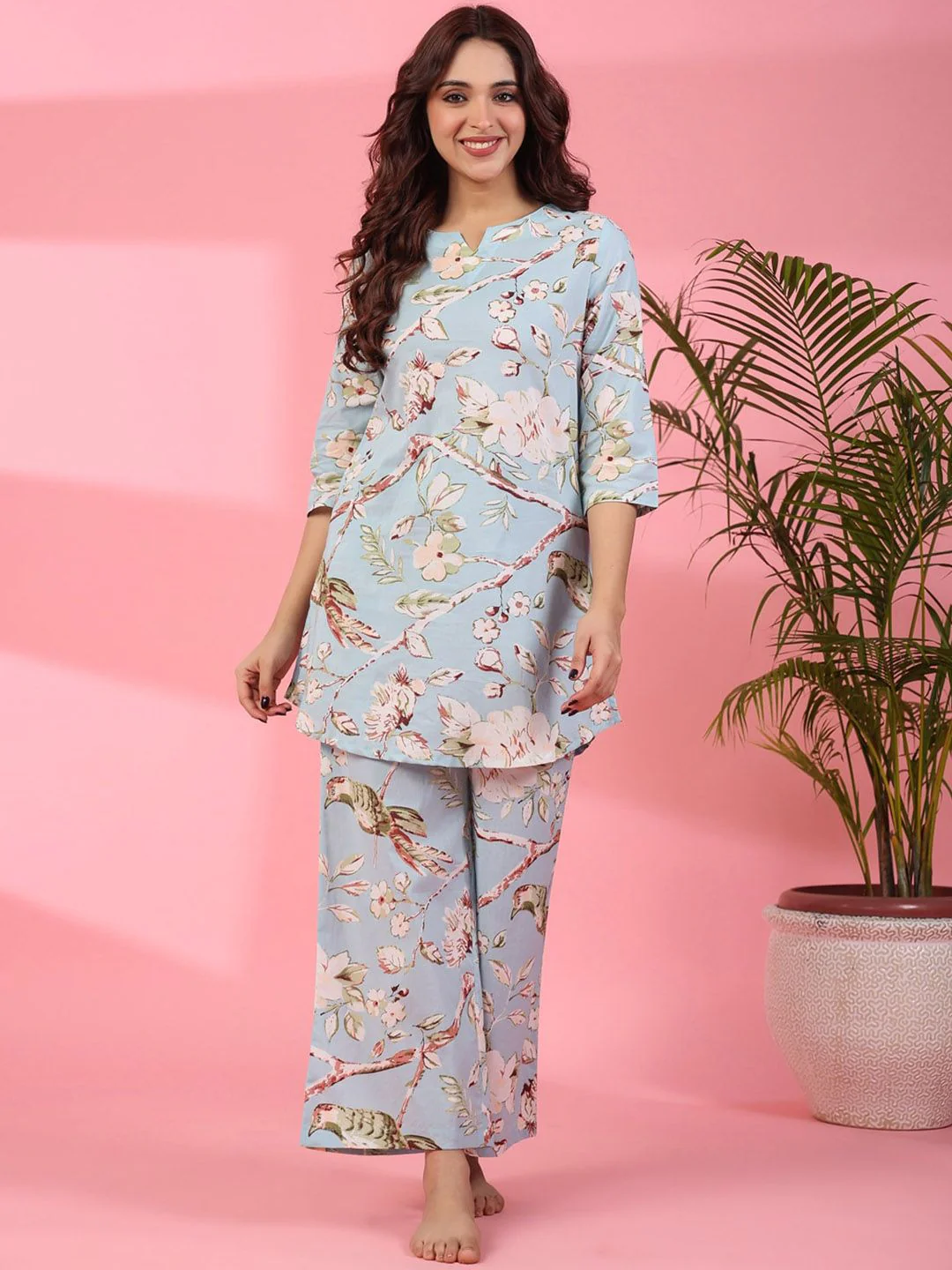 SANSKRUTIHOMES Floral Printed Notched Neck Pure Cotton Kurti With Pyjamas