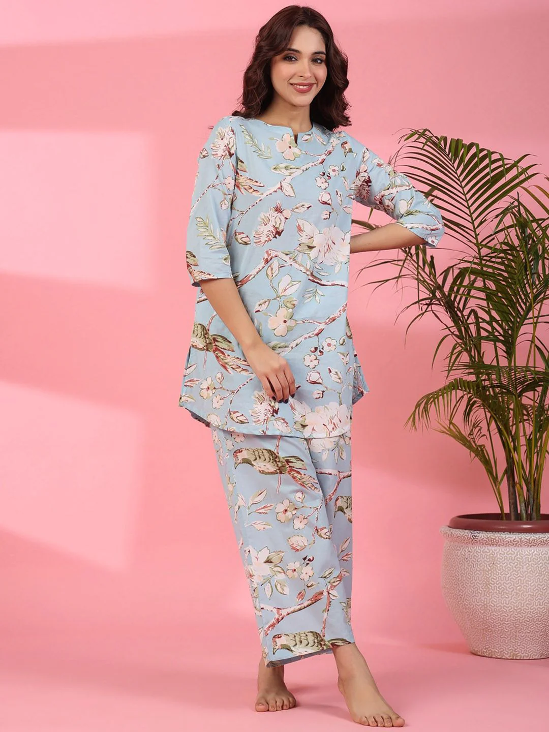 SANSKRUTIHOMES Floral Printed Notched Neck Pure Cotton Kurti With Pyjamas - Image 3