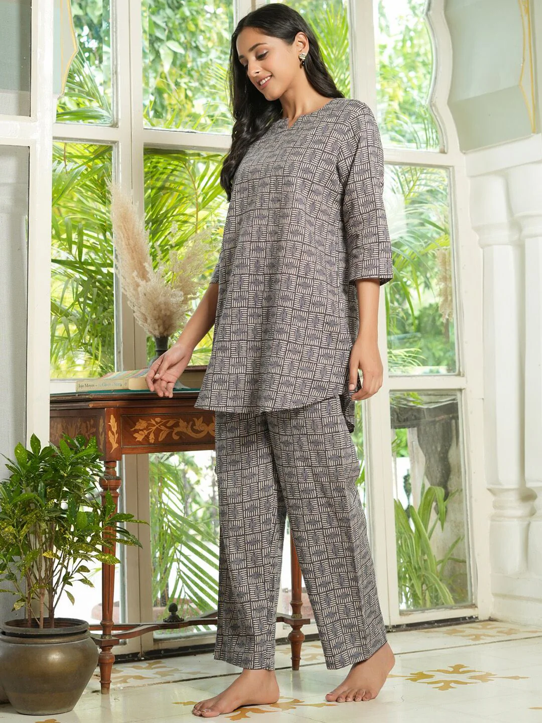 SANSKRUTIHOMES Grey & Cream Graphic Printed Pure Cotton Night Suit - Image 5