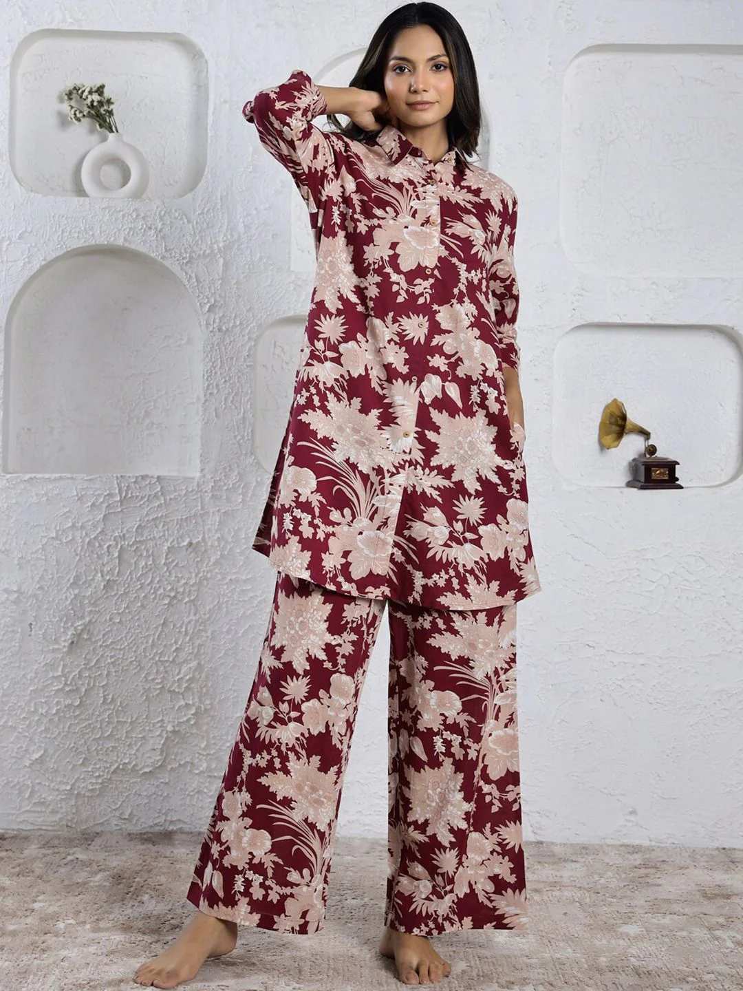 SANSKRUTIHOMES Maroon Floral Printed Pure Cotton Night suit