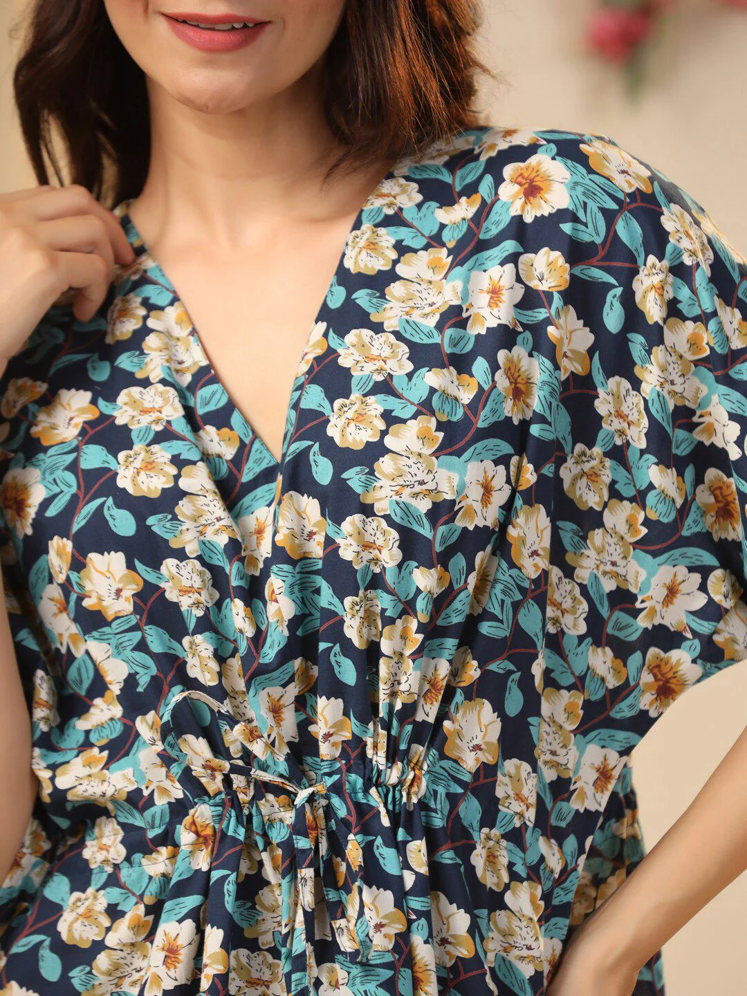 SANSKRUTIHOMES Navy Blue Floral Printed Pure Cotton Maxi Nightdress - Image 2