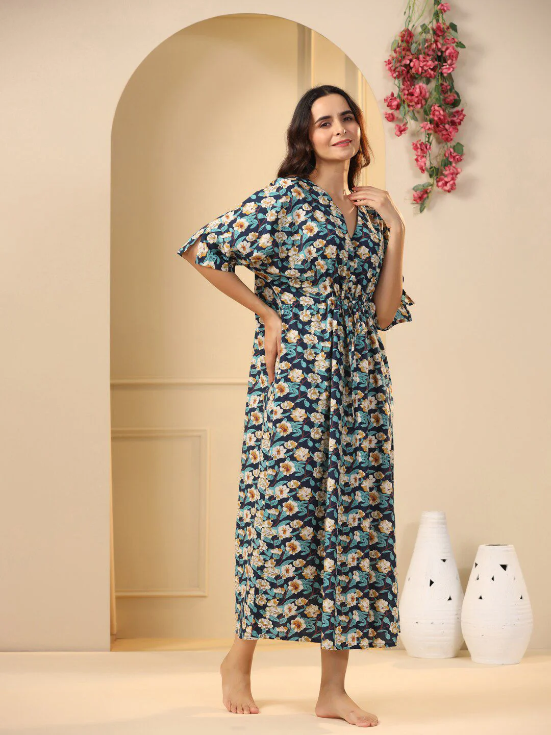 SANSKRUTIHOMES Navy Blue Floral Printed Pure Cotton Maxi Nightdress - Image 3