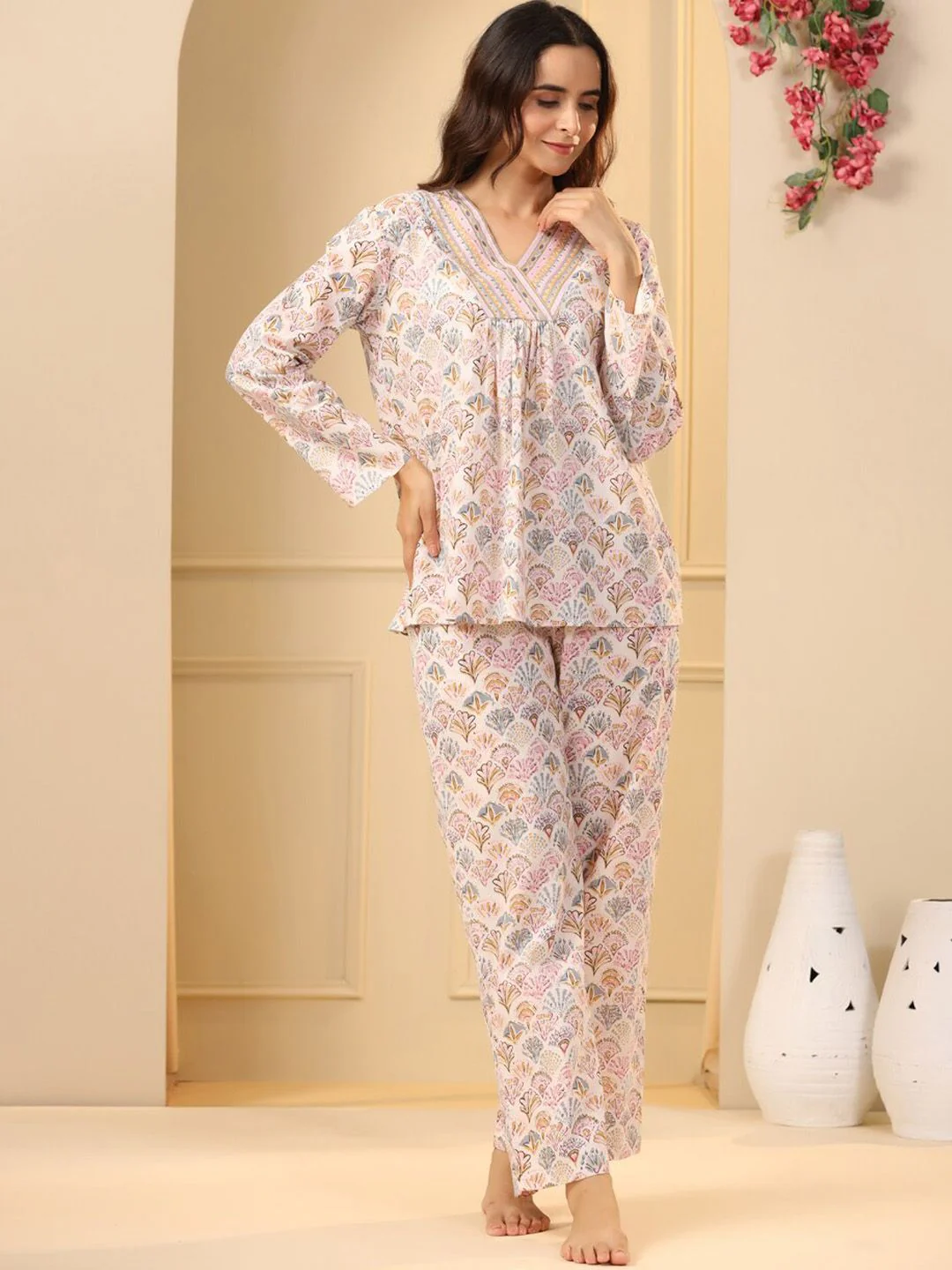 SANSKRUTIHOMES Off White & Pink Ethnic Motifs Printed Pure Cotton Night Suit - Image 3
