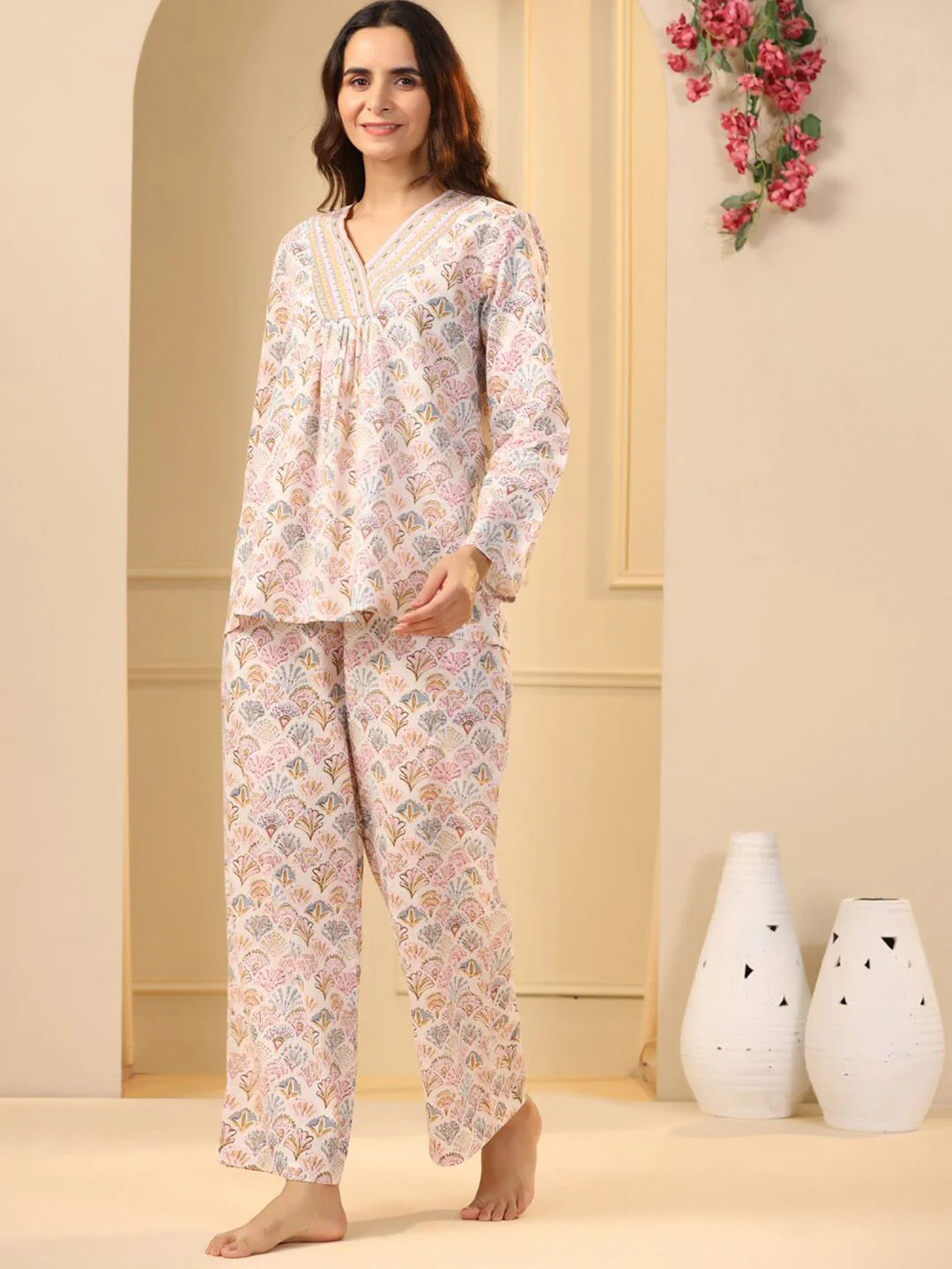 SANSKRUTIHOMES Off White & Pink Ethnic Motifs Printed Pure Cotton Night Suit - Image 4