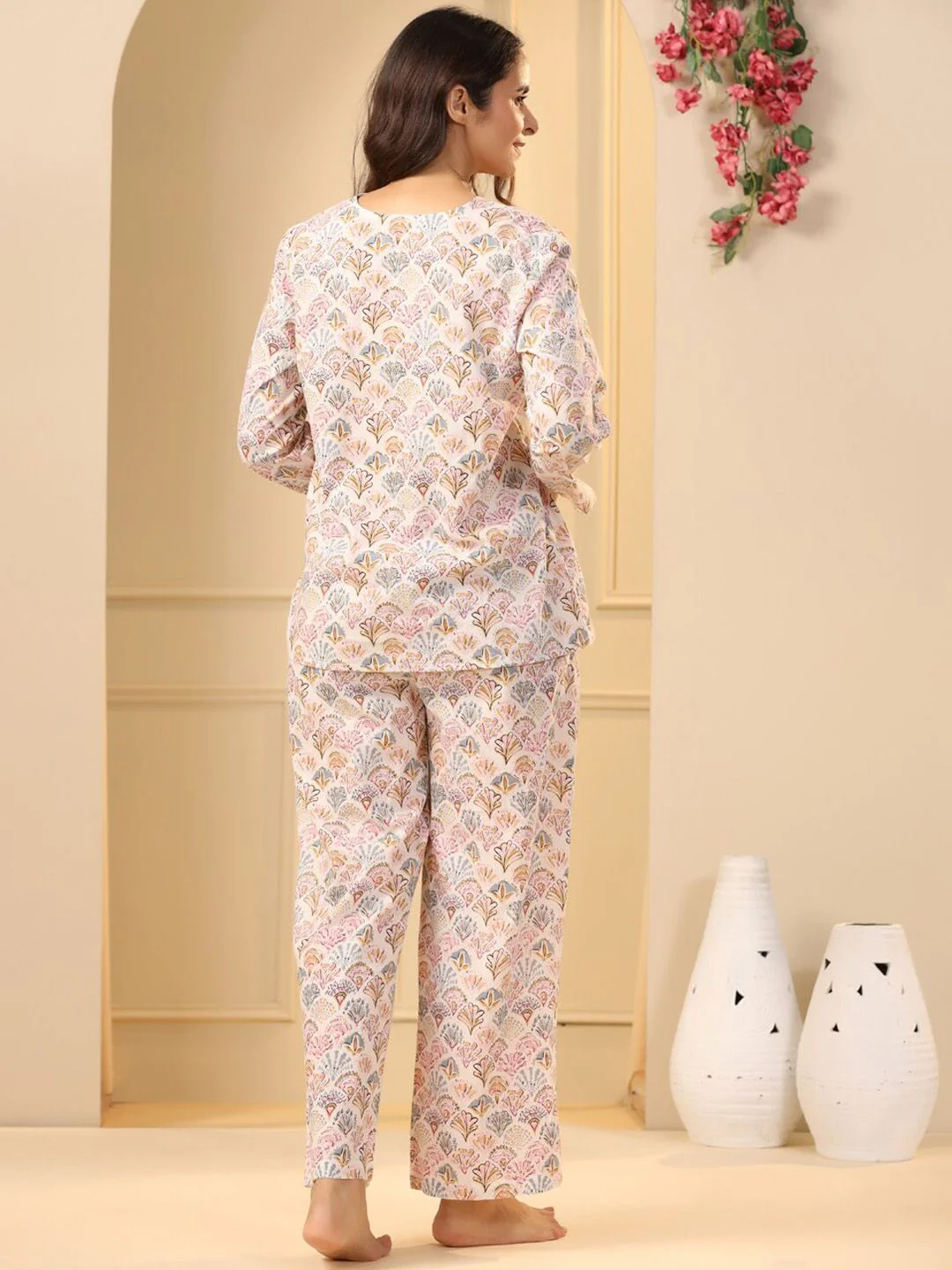 SANSKRUTIHOMES Off White & Pink Ethnic Motifs Printed Pure Cotton Night Suit - Image 5