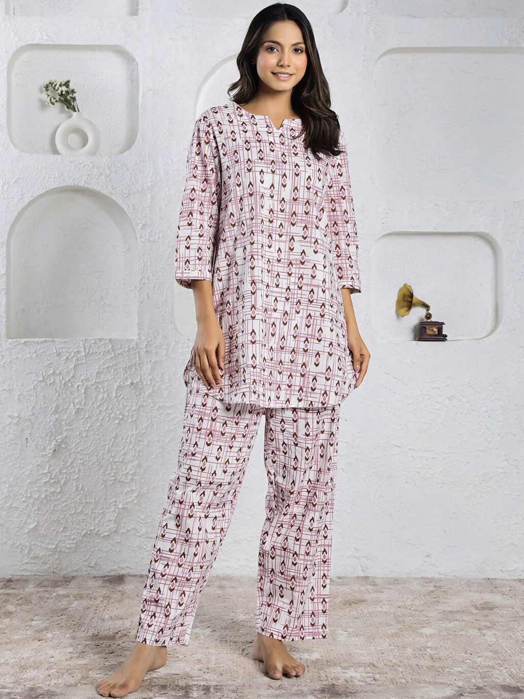 SANSKRUTIHOMES Pink Ethnic Motifs Printed Pure Cotton Night suit