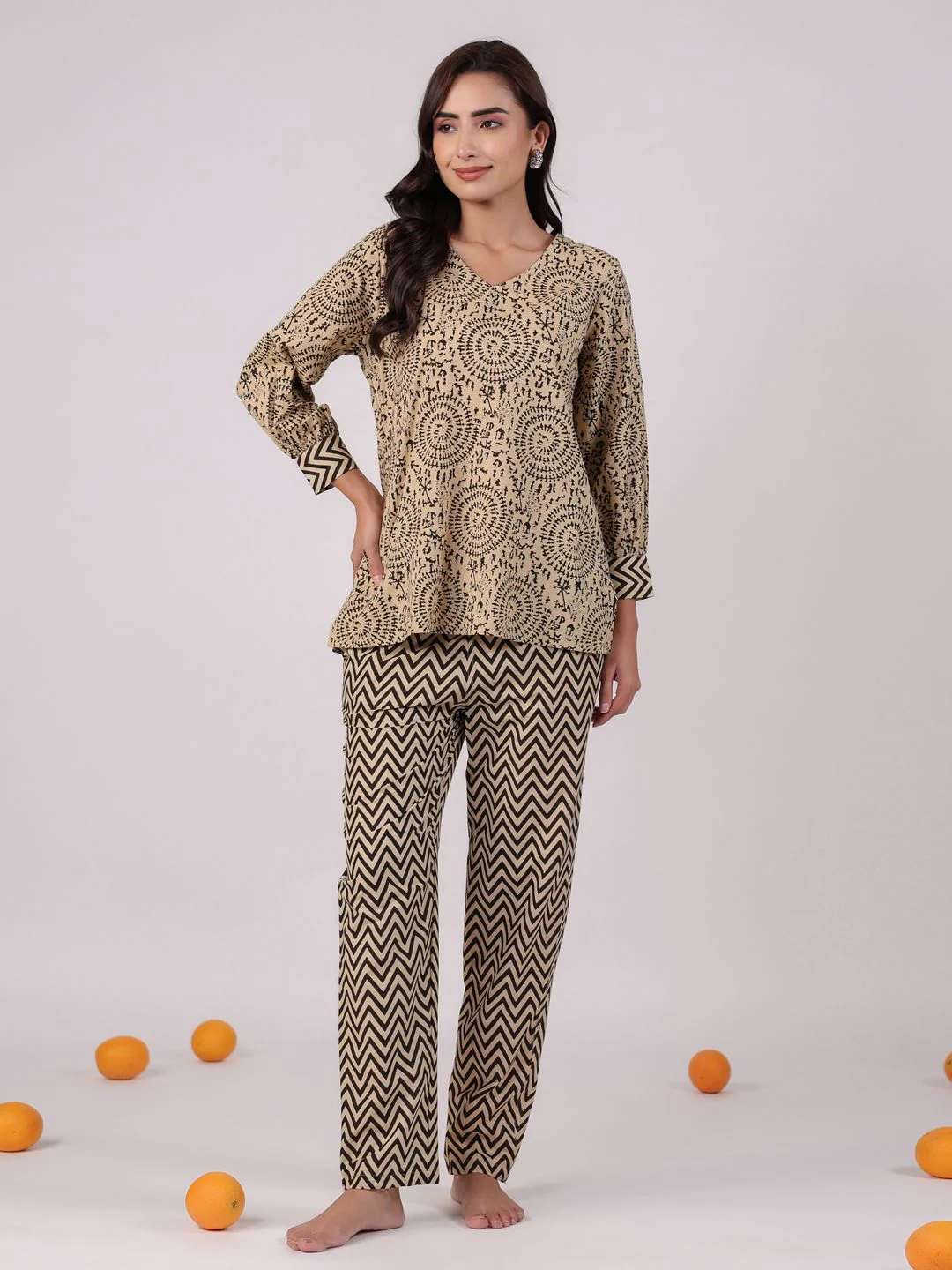 SANSKRUTIHOMES Printed V-Neck Pure Cotton Top With Trouser
