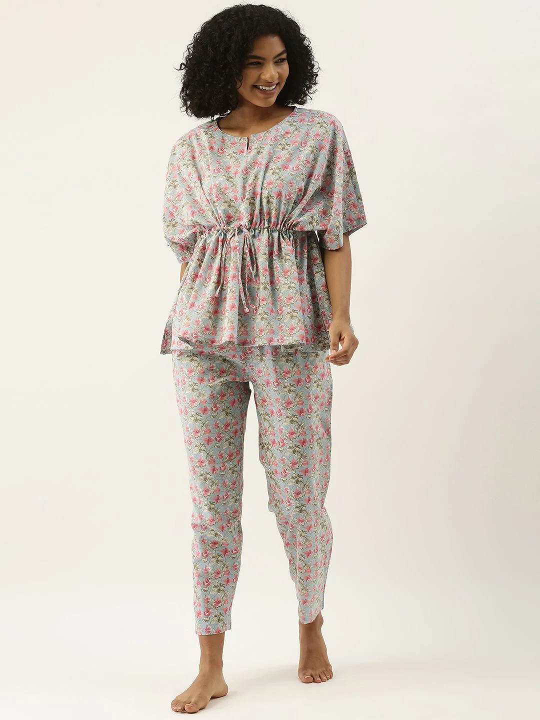 SANSKRUTIHOMES Women Blue & Pink Printed Cotton Pyjama Set