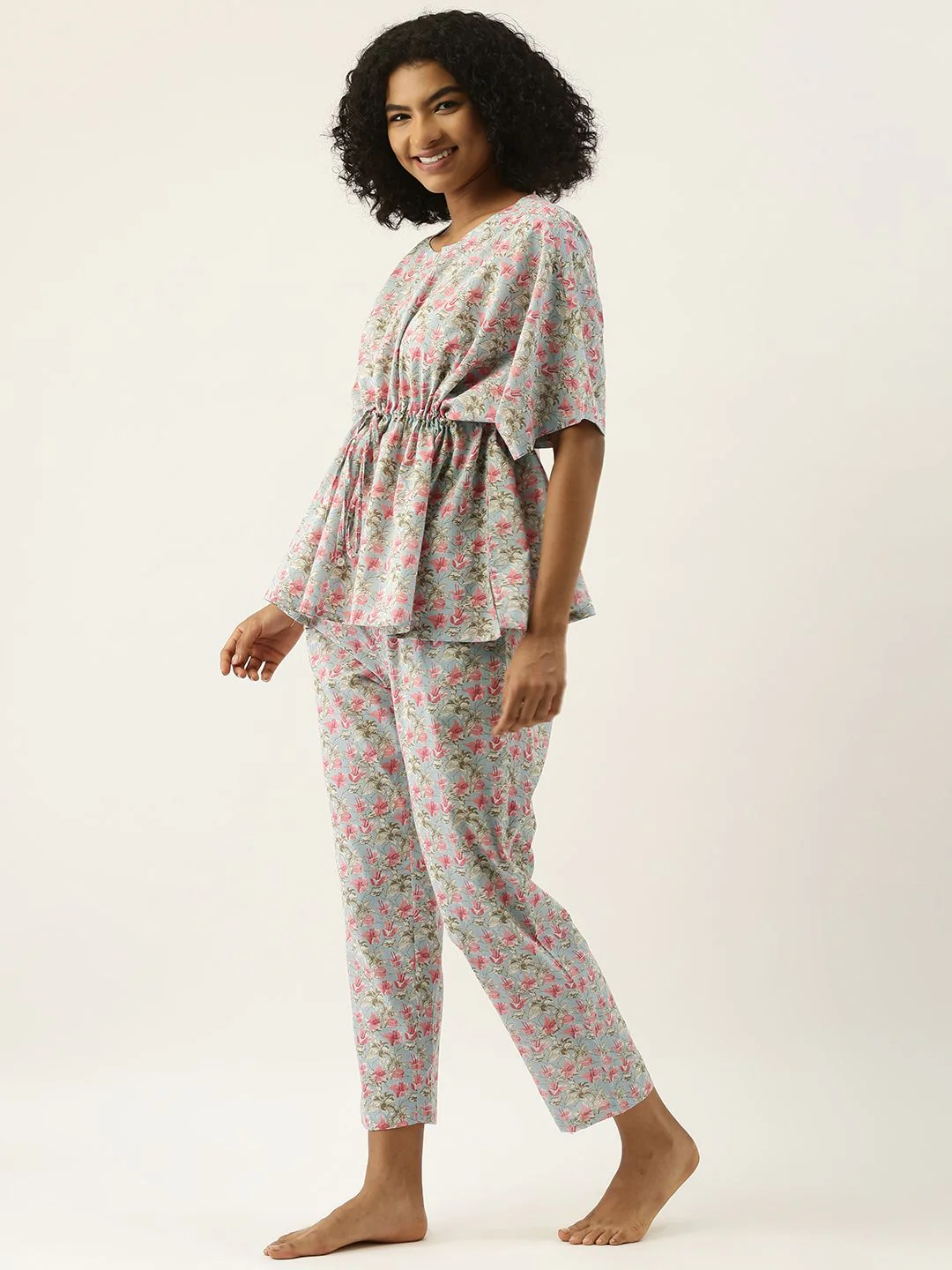 SANSKRUTIHOMES Women Blue & Pink Printed Cotton Pyjama Set - Image 5