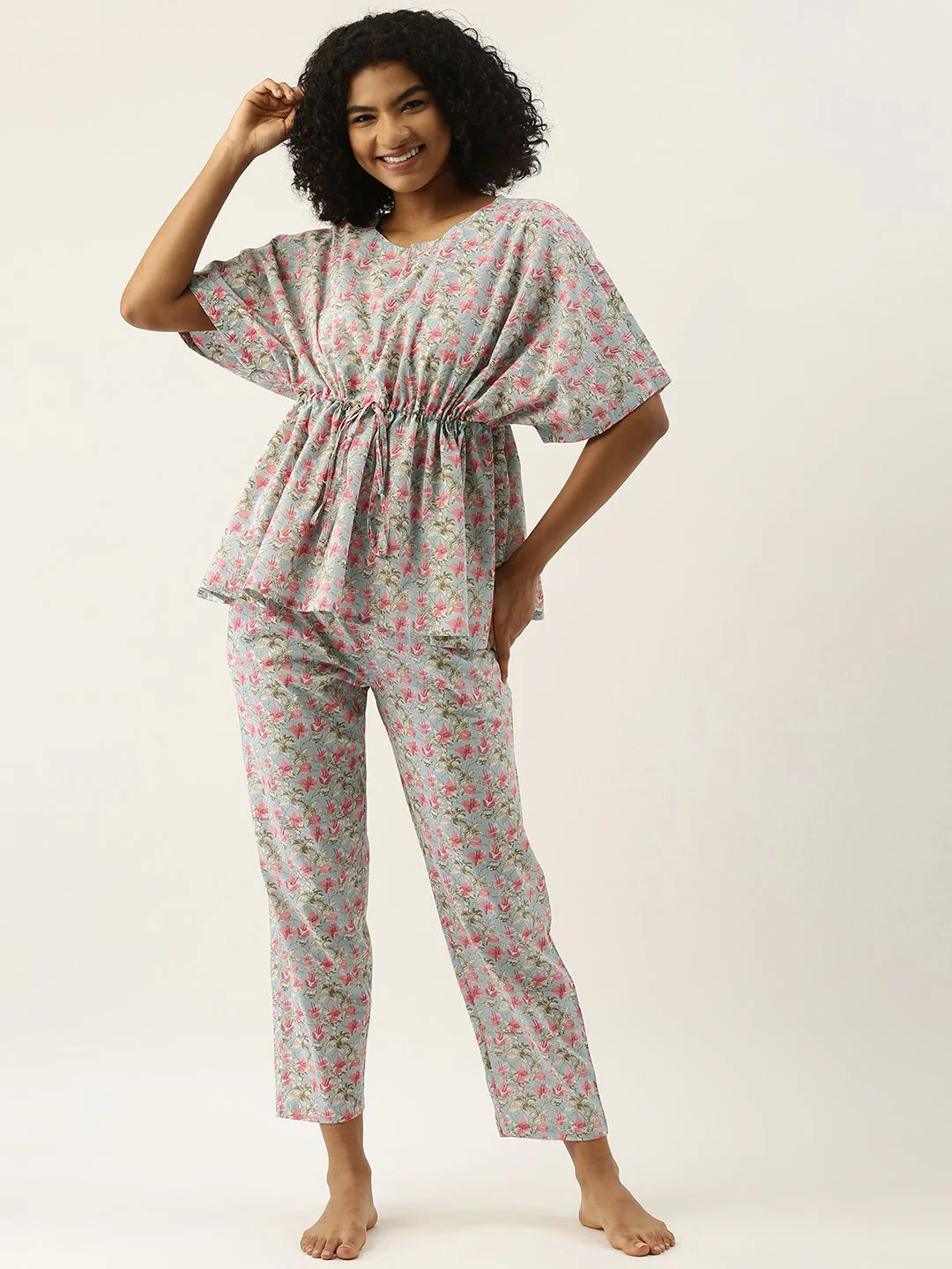 SANSKRUTIHOMES Women Blue & Pink Printed Cotton Pyjama Set - Image 6