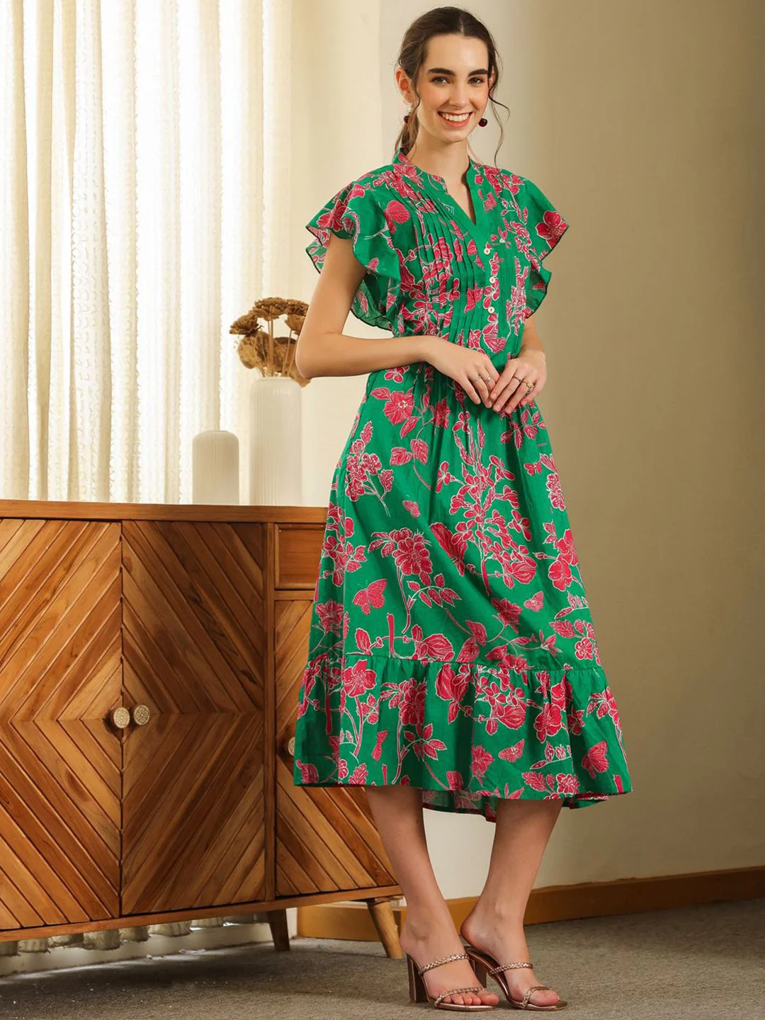 SANSKRUTIHOMES Women Green Cotton Printed V Neck Dress - Image 3