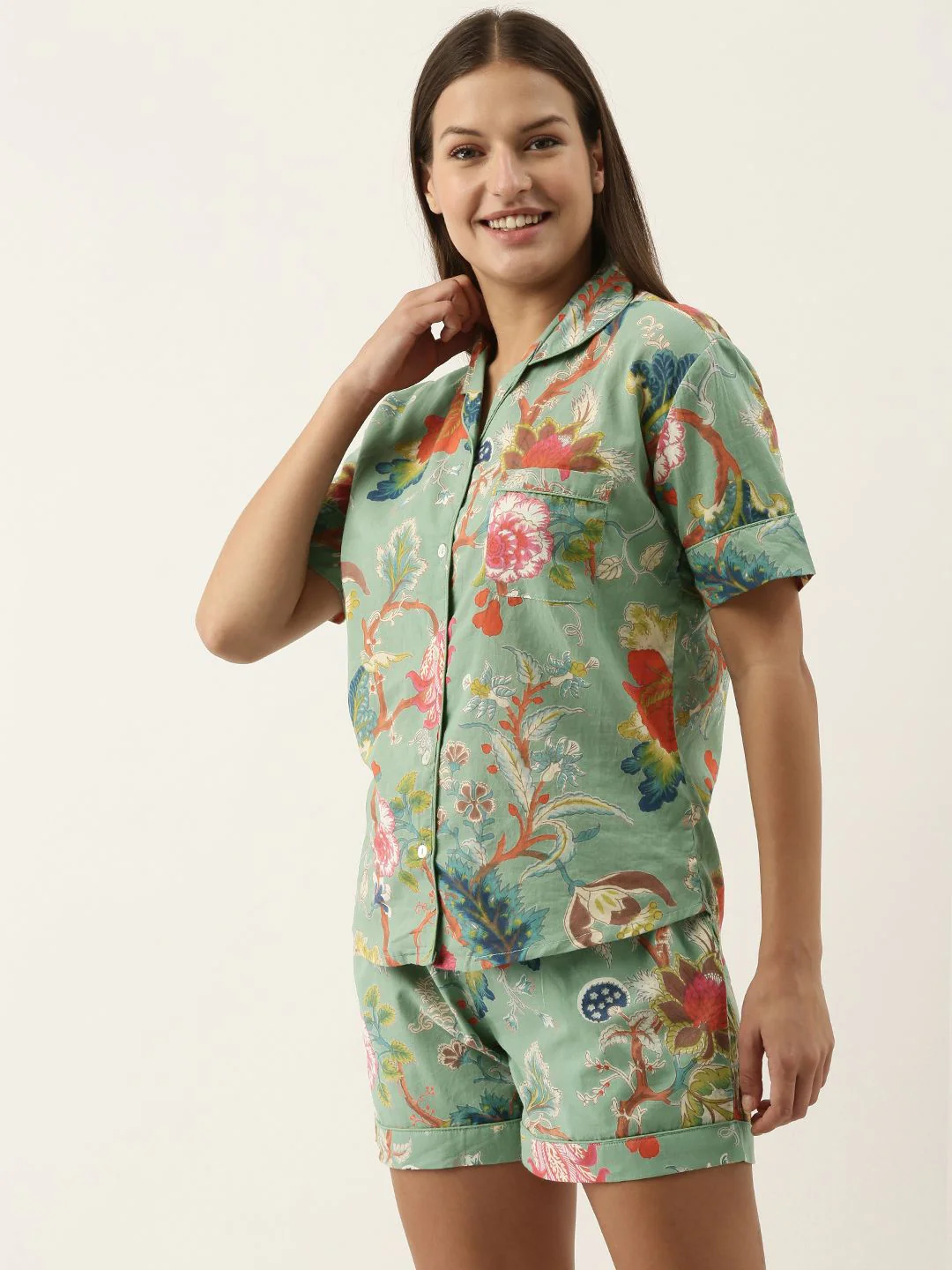SANSKRUTIHOMES Women Green & Orange Printed Cotton Night suit - Image 5