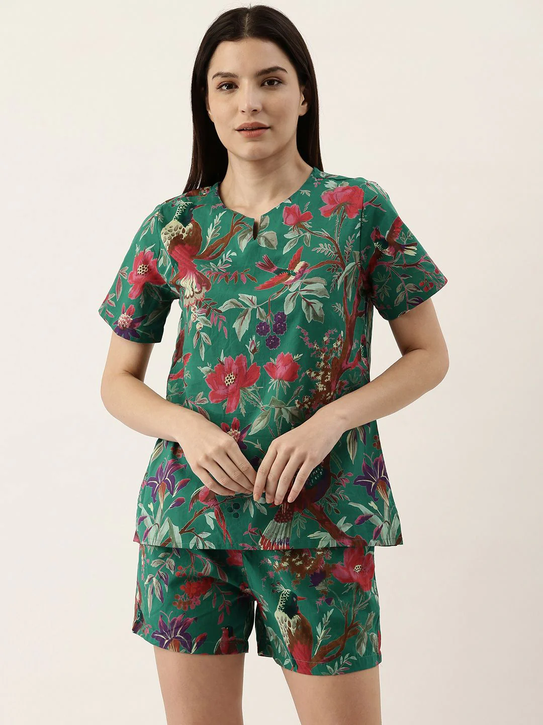 SANSKRUTIHOMES Women Green Pure Cotton Floral Print Shorts Set