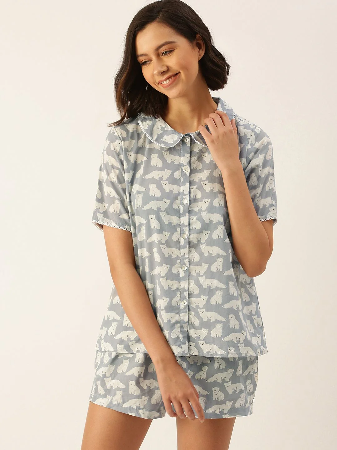 SANSKRUTIHOMES Women Grey & Off White Pure Cotton Printed Shorts Set