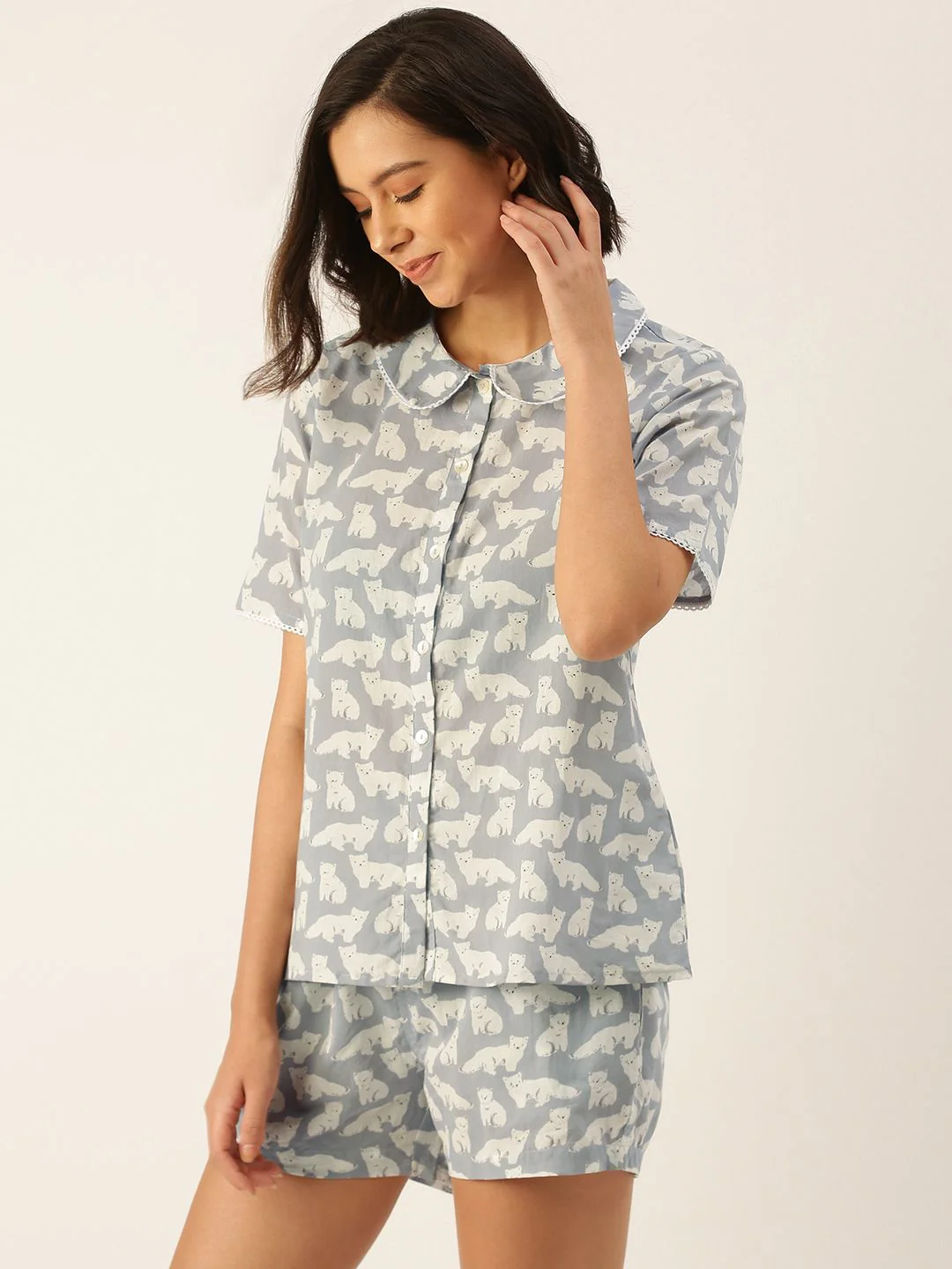 SANSKRUTIHOMES Women Grey & Off White Pure Cotton Printed Shorts Set - Image 5