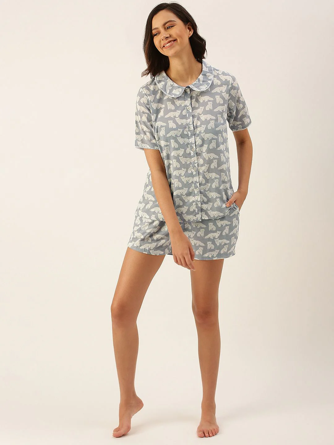 SANSKRUTIHOMES Women Grey & Off White Pure Cotton Printed Shorts Set - Image 6