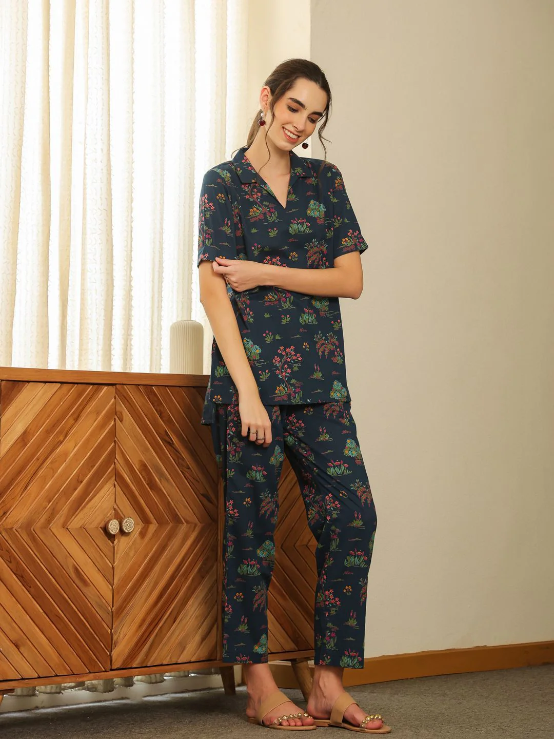 SANSKRUTIHOMES Women Printed V-Neck Short Sleeves Cotton Night suit - Image 3
