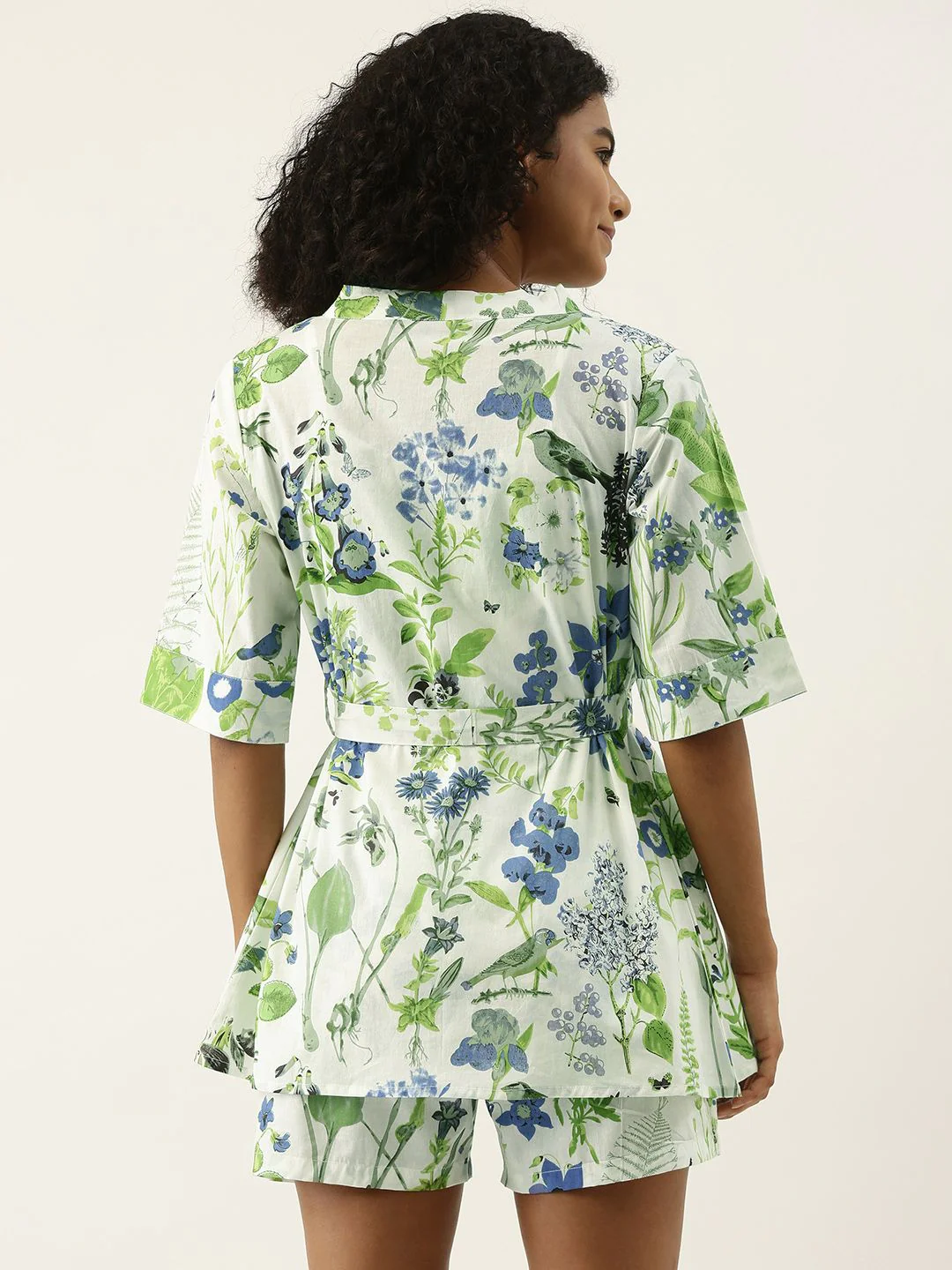 SANSKRUTIHOMES Women White & Green Printed Cotton Shorts Set with Robe - Image 6
