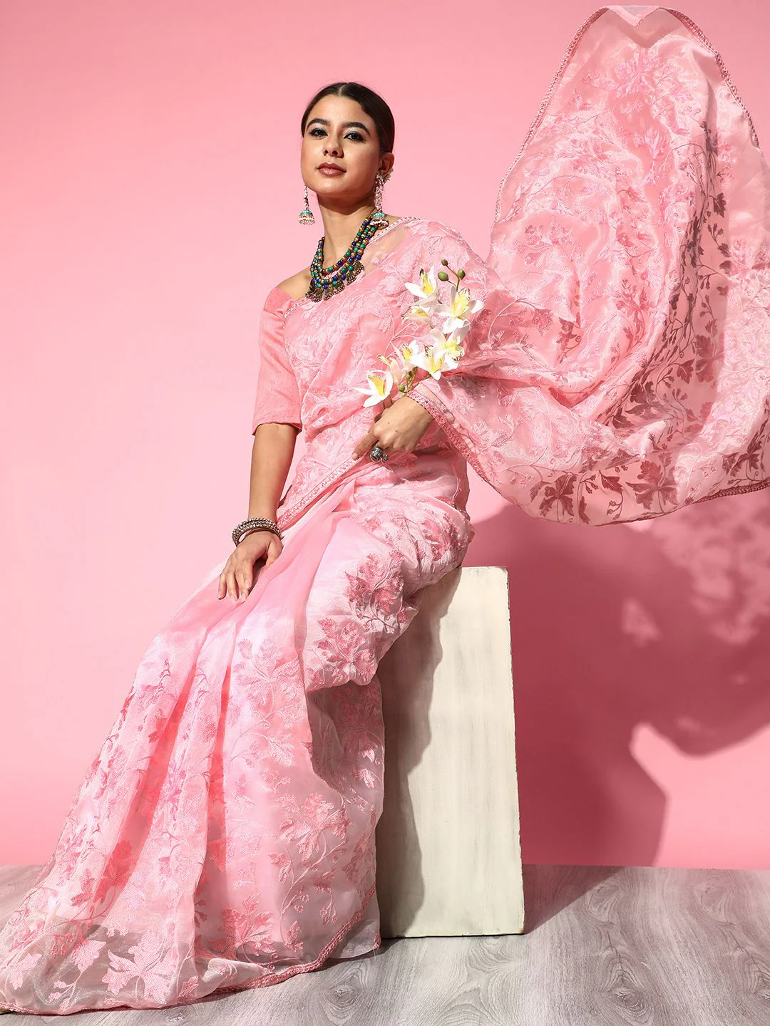 Saree mall Pink Floral Embroidered Organza Sarees