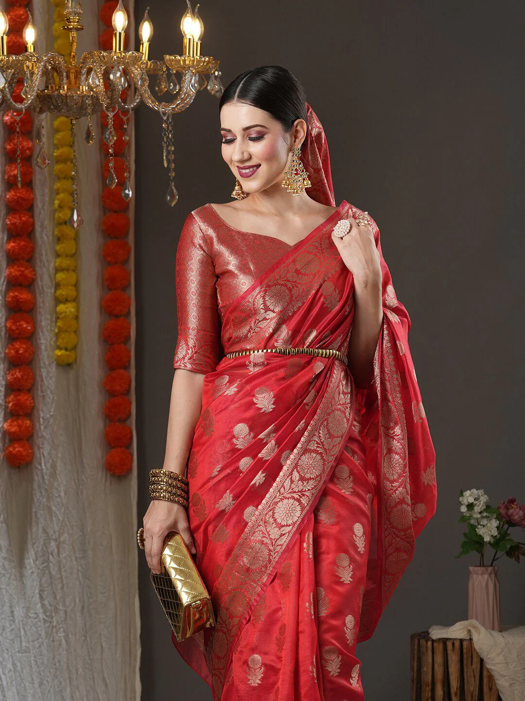 Saree mall Red & Gold-Toned Woven Design Organza Bagh Sarees - Image 5