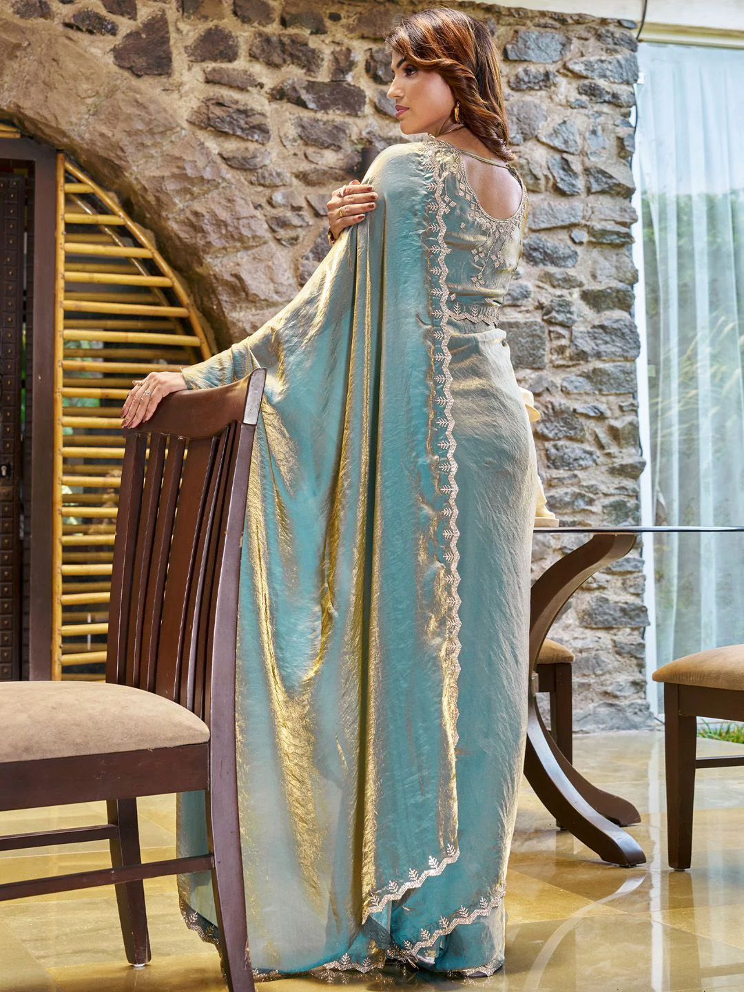 Saree Mall Teal blue Pure Chiffon  Embellished Party Wear Saree with Matching Blouse - Image 2