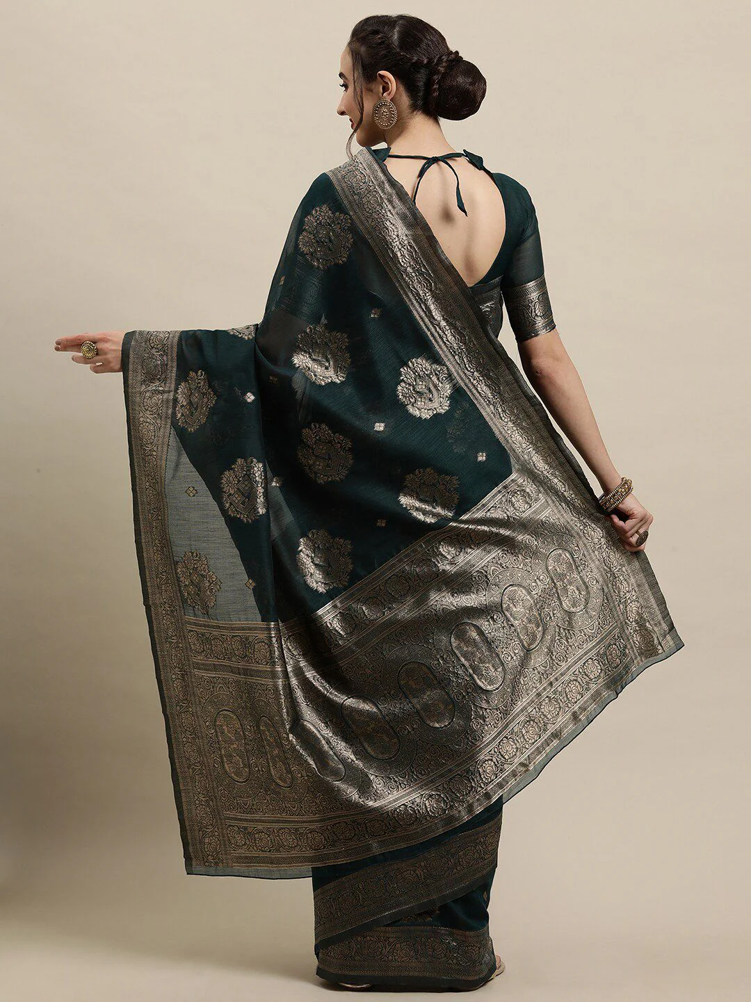 Saree mall Teal & Gold-Toned Ethnic Motifs Zari Silk Blend Banarasi Sarees - Image 3