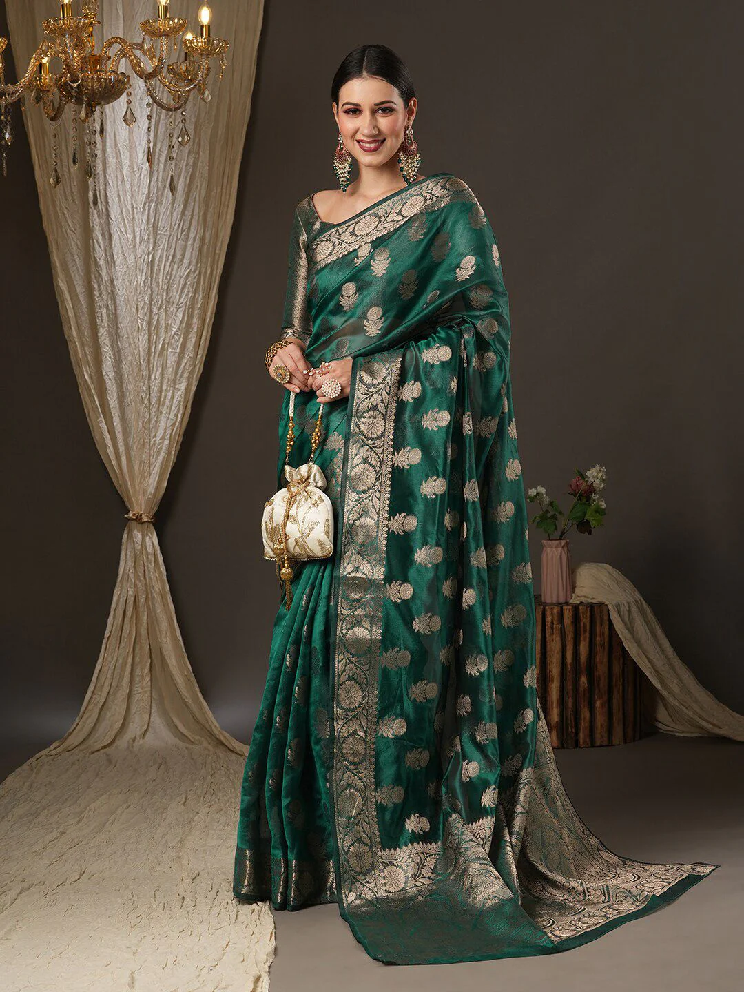 Saree mall Teal Green & Gold-Toned Woven Design Zari Organza Bagh Sarees - Image 3