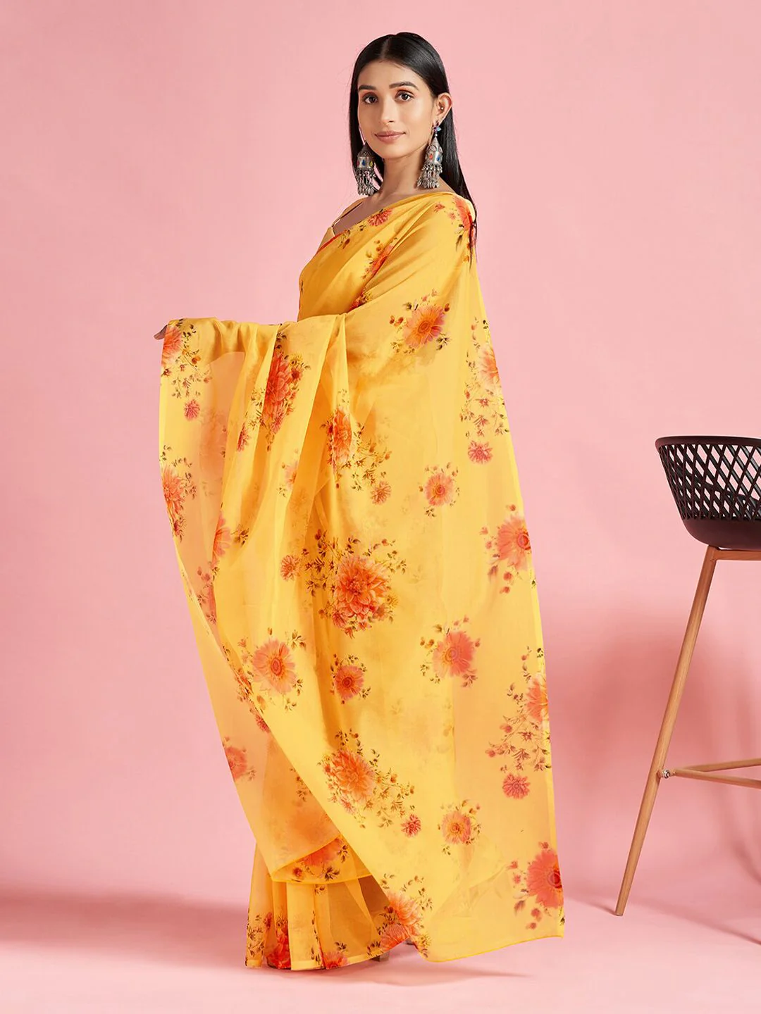 Saree mall Yellow & Red Floral Printed Organza Sarees - Image 2
