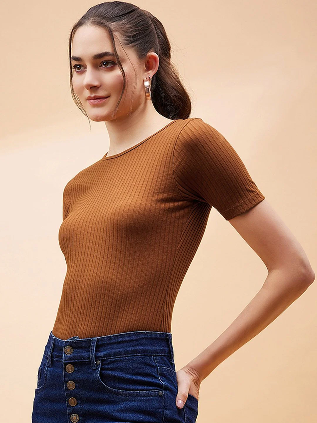 SASSAFRAS BASICS Brown Ribbed Round Neck Bodysuit - Image 5