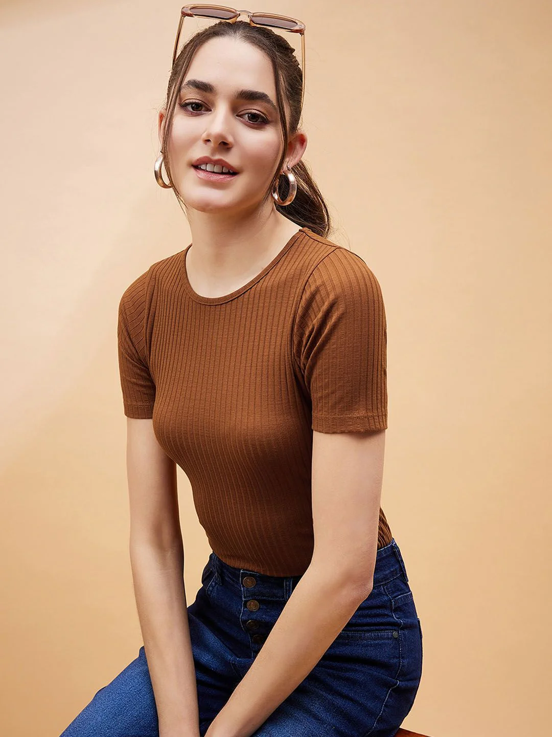 SASSAFRAS BASICS Brown Ribbed Round Neck Bodysuit - Image 6