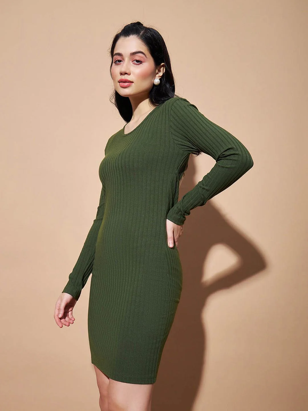 SASSAFRAS BASICS Cut-Out Ribbed Round Neck Bodycon Dress - Image 3