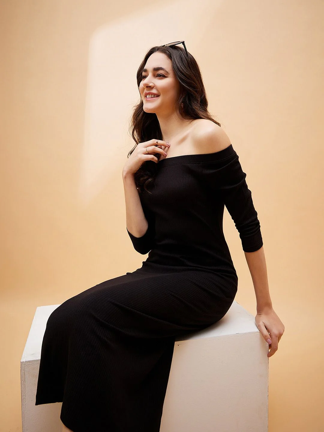 SASSAFRAS BASICS Self Design Off-Shoulder Sheath Midi Dress - Image 6