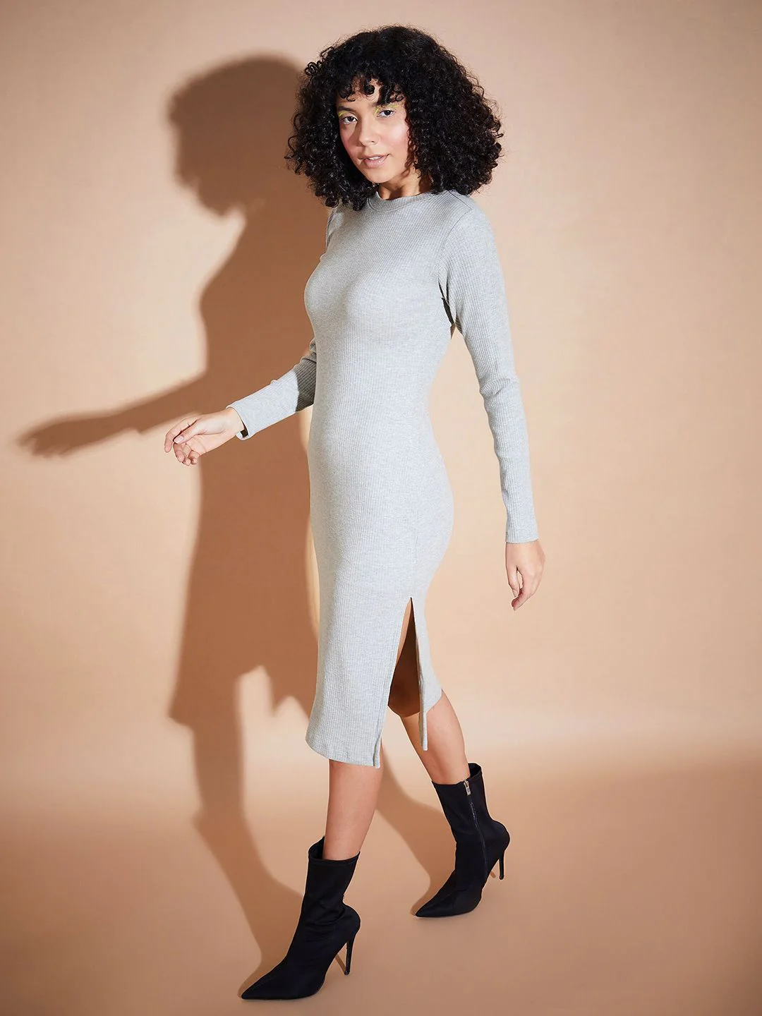 SASSAFRAS BASICS Self Design Round Neck Cotton Bodycon Midi Dress - Image 3